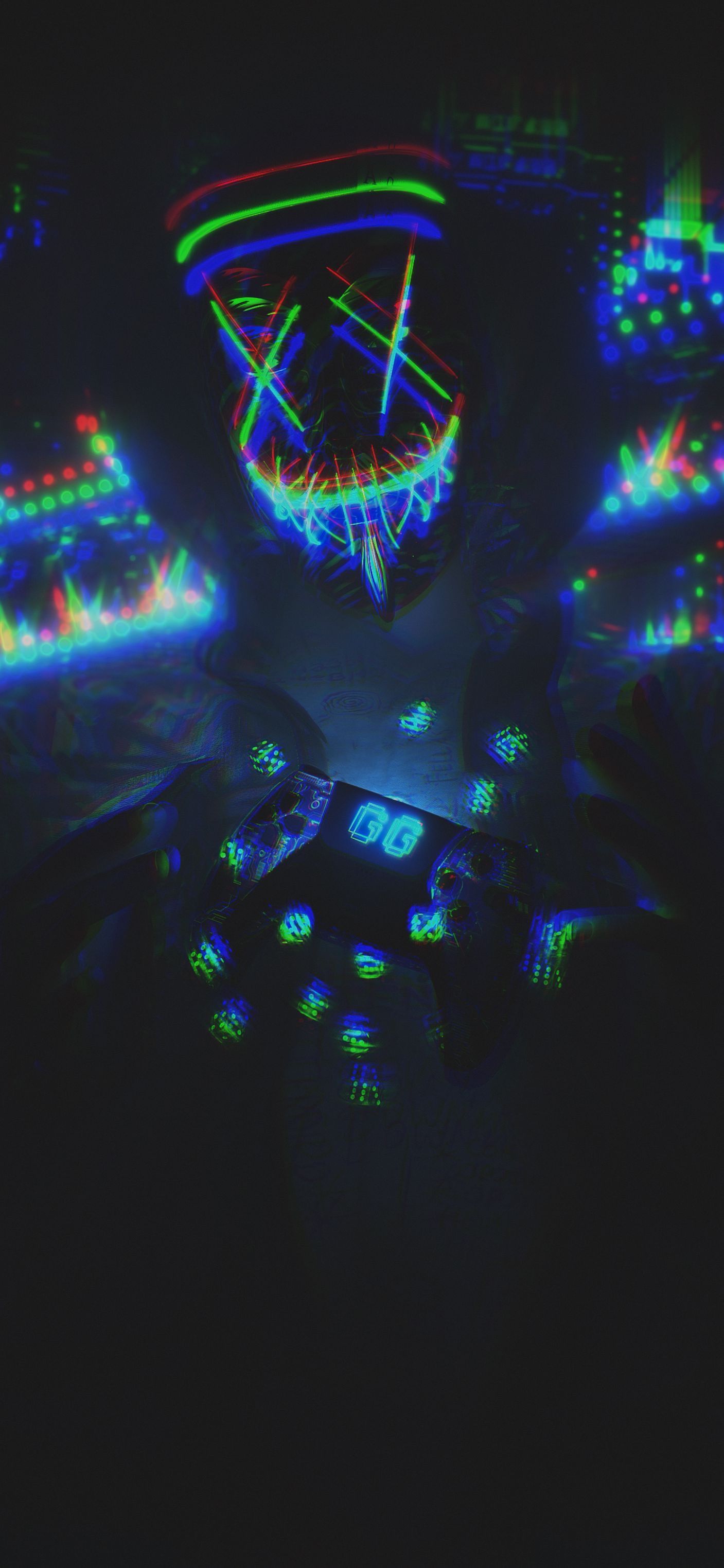 1407x3045 Wallpaper Mask, Mask Neon, Light, Entertainment, Visual Effect Lighting, Background Free Image