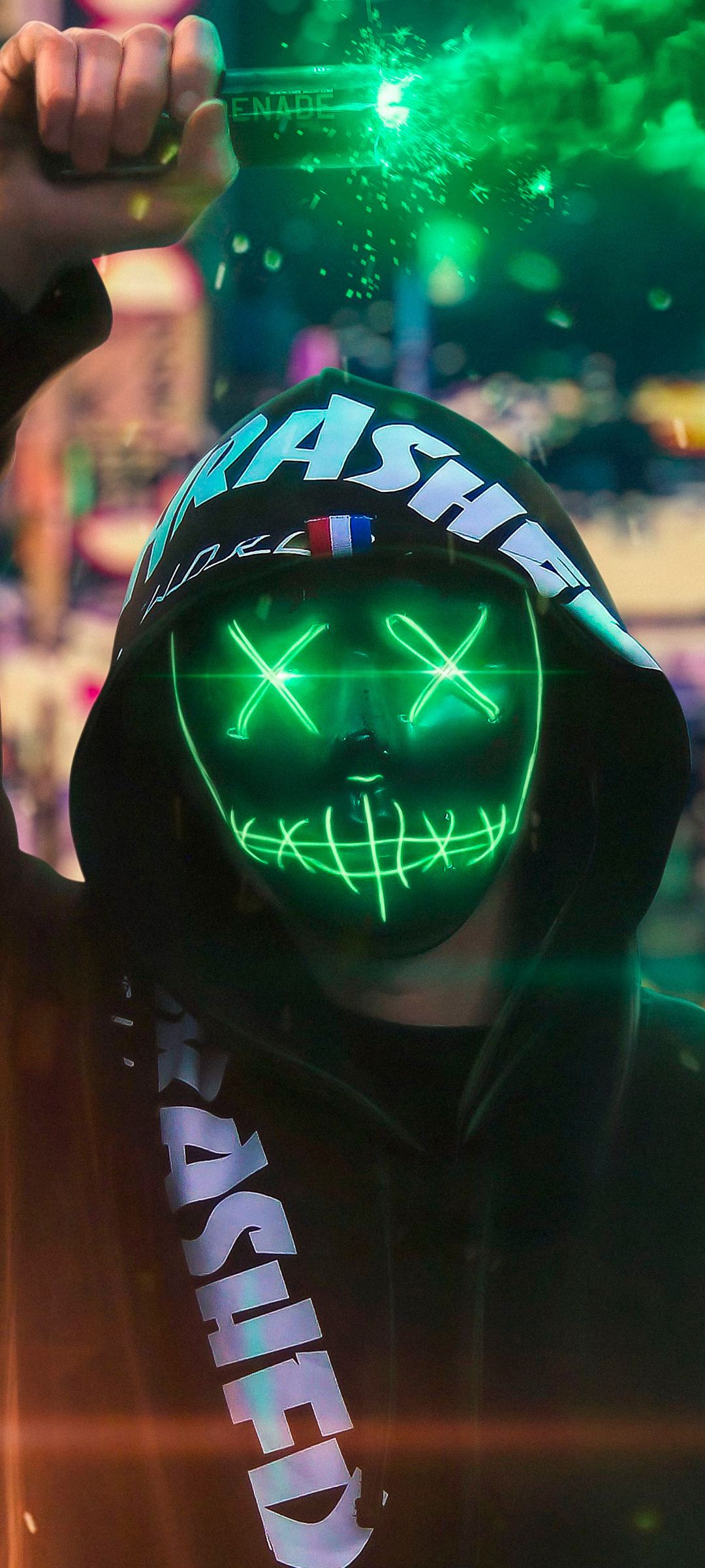 1080x2400 Download Neon Mask Guy With Green Smoke, Neon, Mask, Guy, Green, Smoke Wallpaper in 1080x2400 Resolution