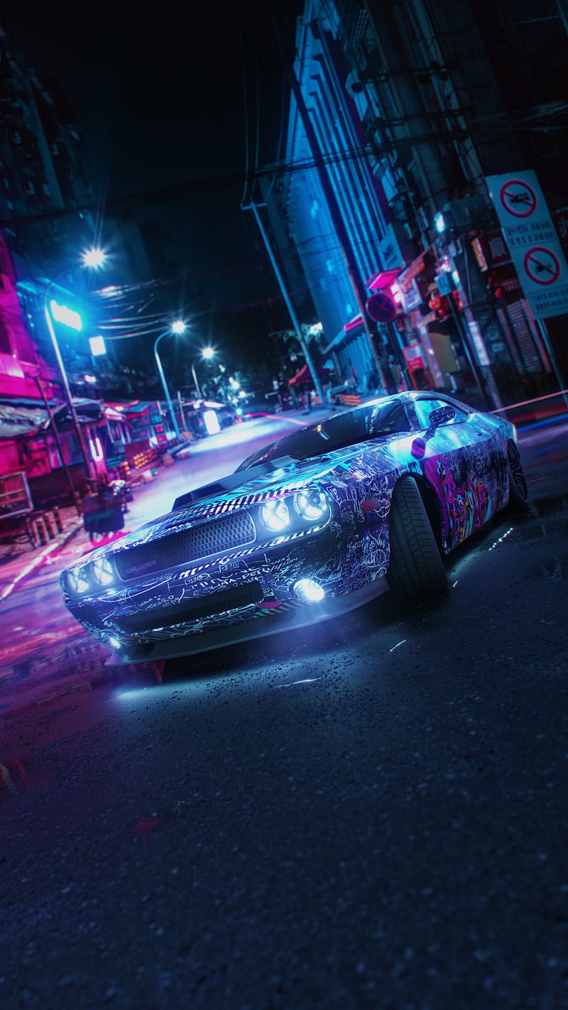 800x1422 Challenger dodge, Night, blue, car, city, glow, neon, purple, HD phone wallpaper