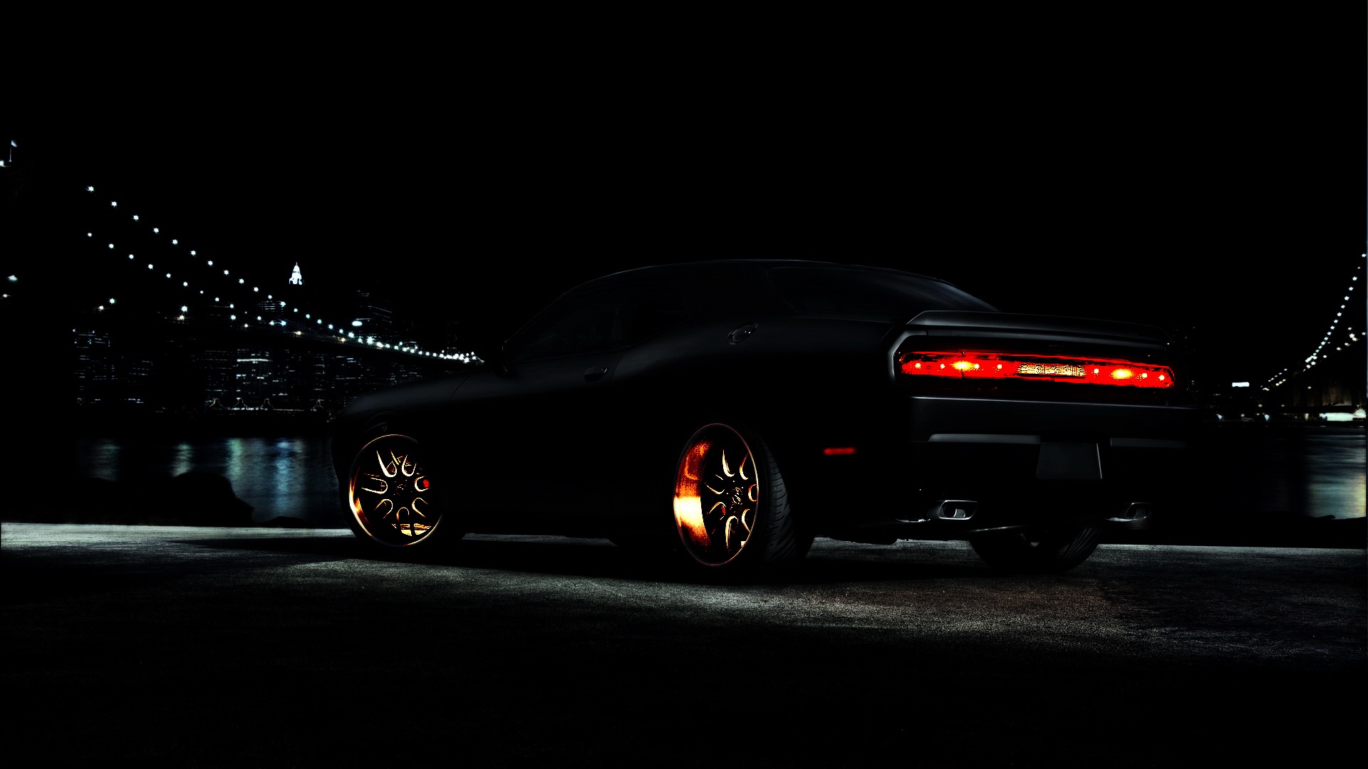 1920x1080 Wallpaper machine, night, the city, black, lights, wheel, black background, Dodge Challenger for mobile and desktop, section dodge, resolution 1920x1080