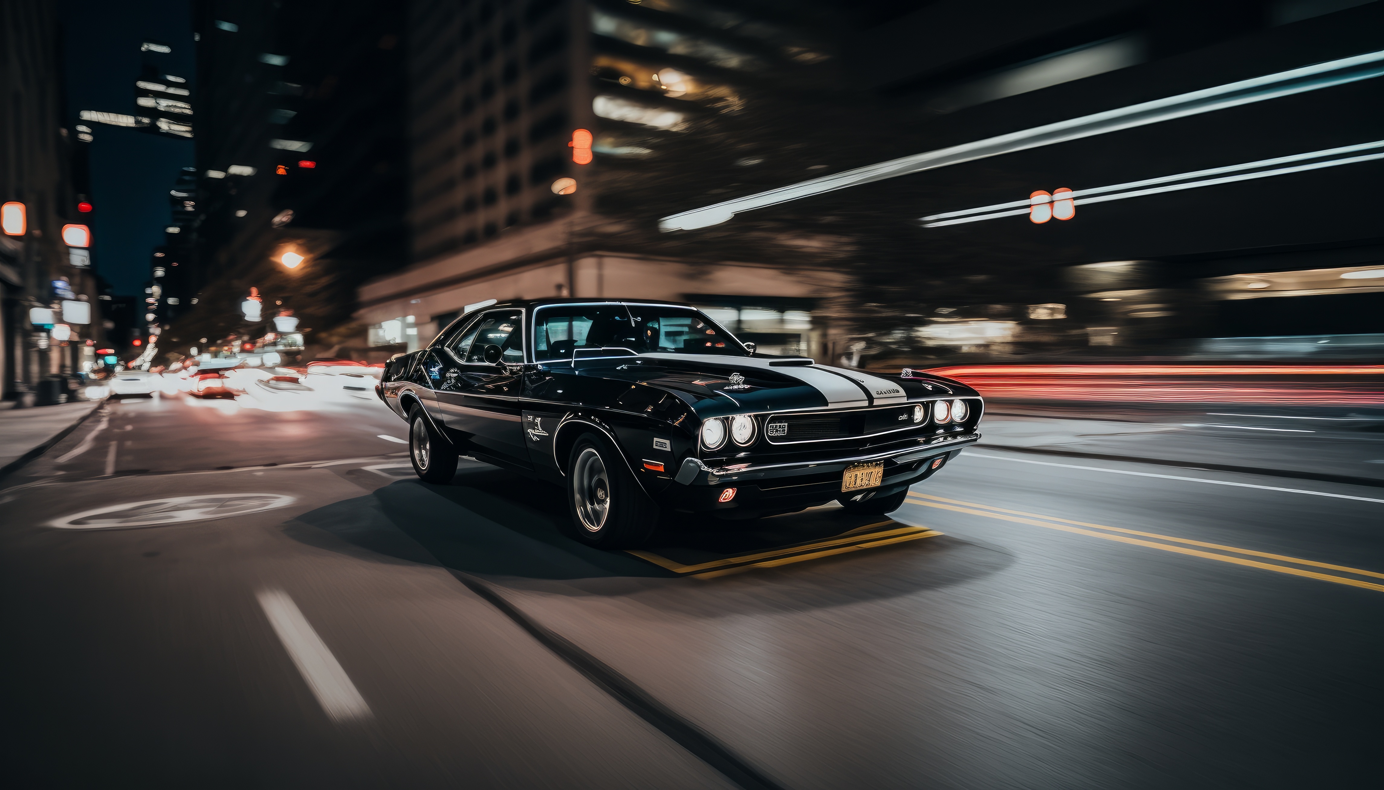 4579x2616 Wallpaper city, lights, Dodge Challenger, night, Driving, AI Art for mobile and desktop, section dodge, resolution 4579x2616