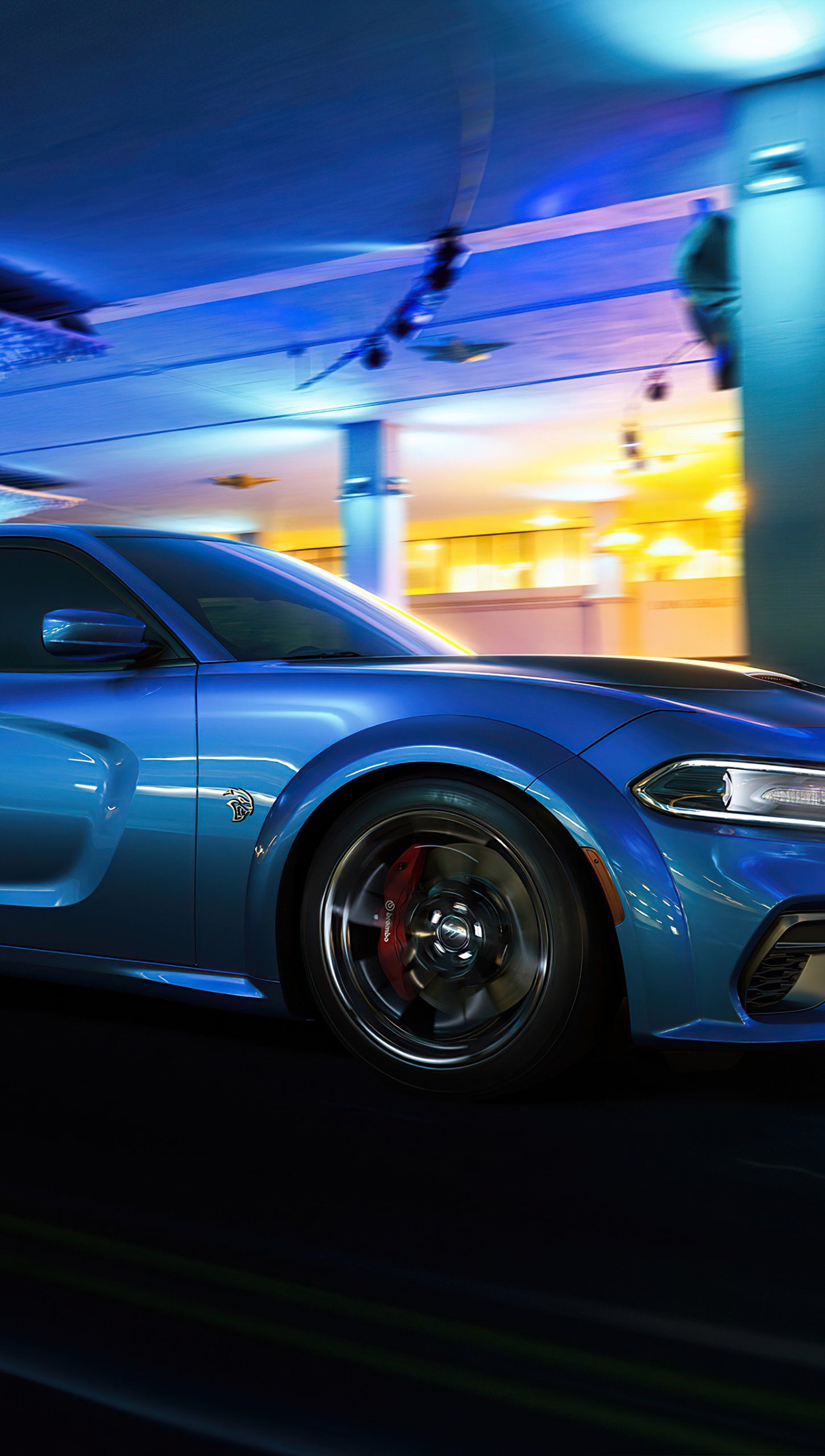1450x2559 Dodge Challenger SRT Hellcat city night Wallpaper 4K for iPhone and Mobile Phone