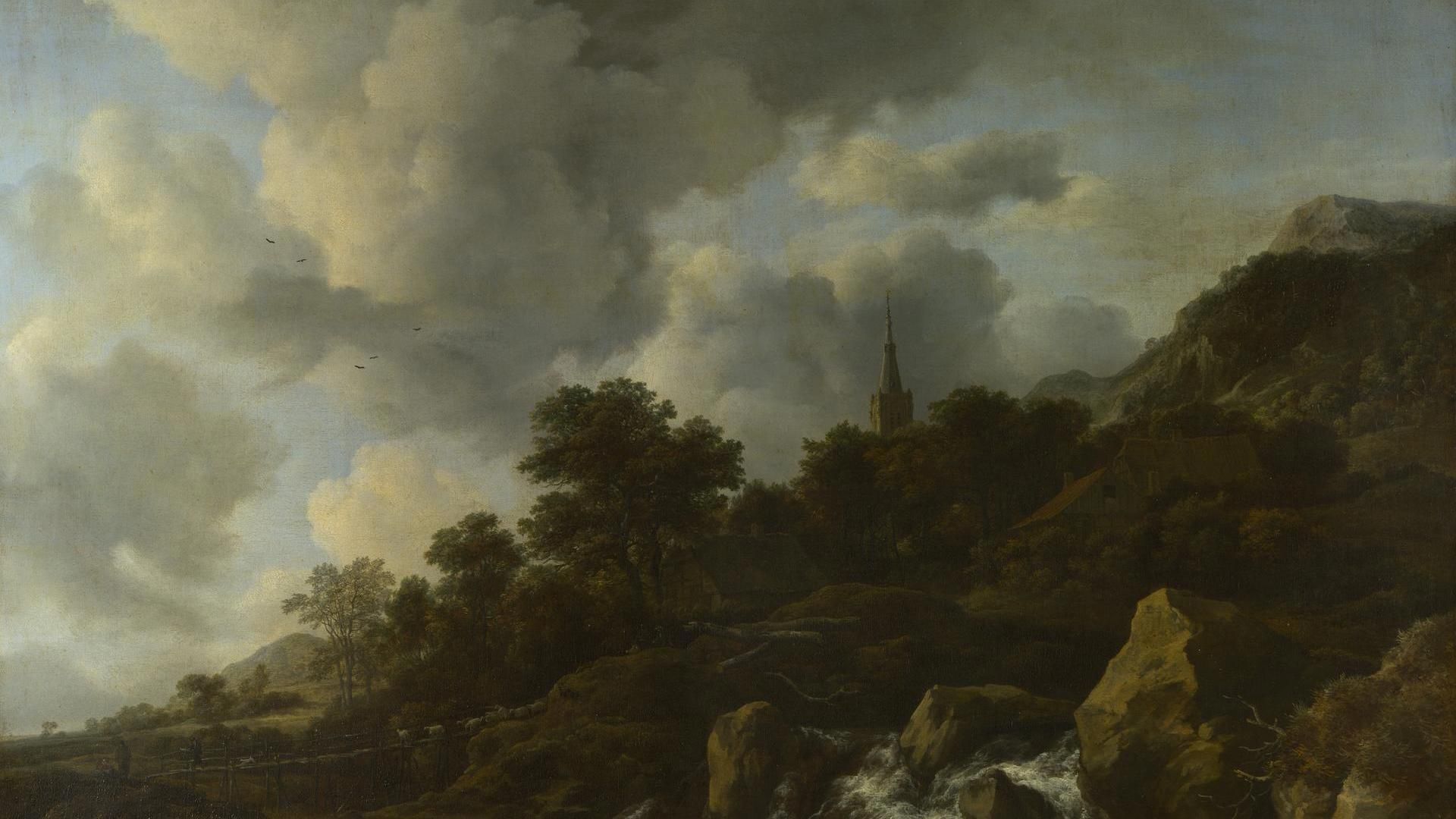1920x1080 Jacob van Ruisdael. A Waterfall at the Foot of a Hill, near a Village. NG855. National Gallery, London