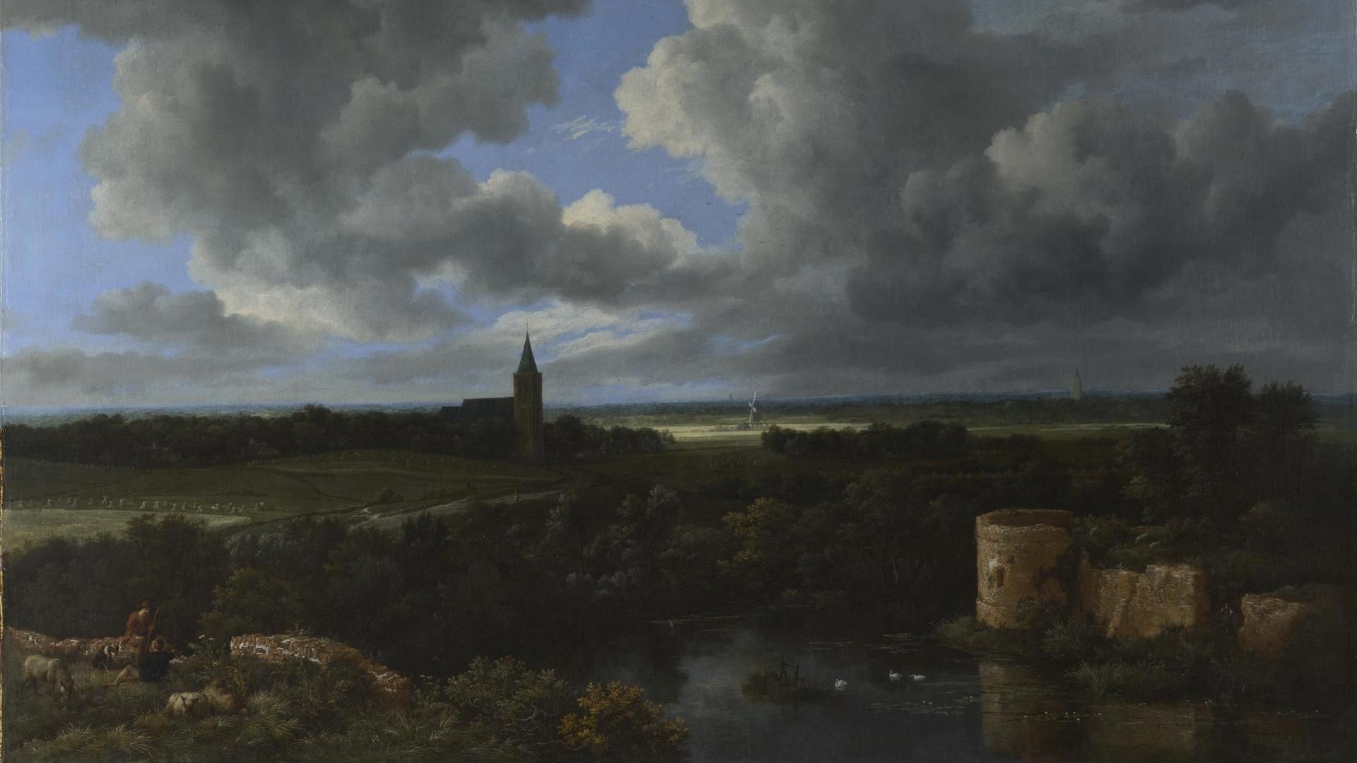 1920x1080 Jacob van Ruisdael. A Landscape with a Ruined Castle and a Church. NG990. National Gallery, London