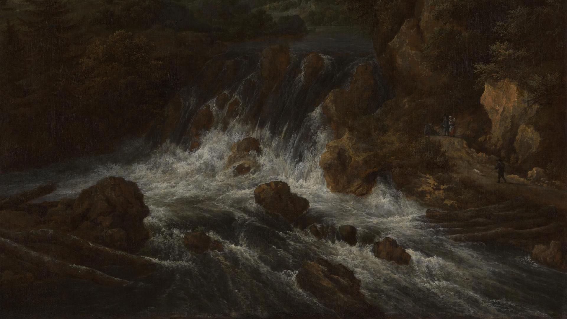 1920x1080 Jacob van Ruisdael. A Landscape with a Waterfall and a Castle on a Hill. NG737. National Gallery, London