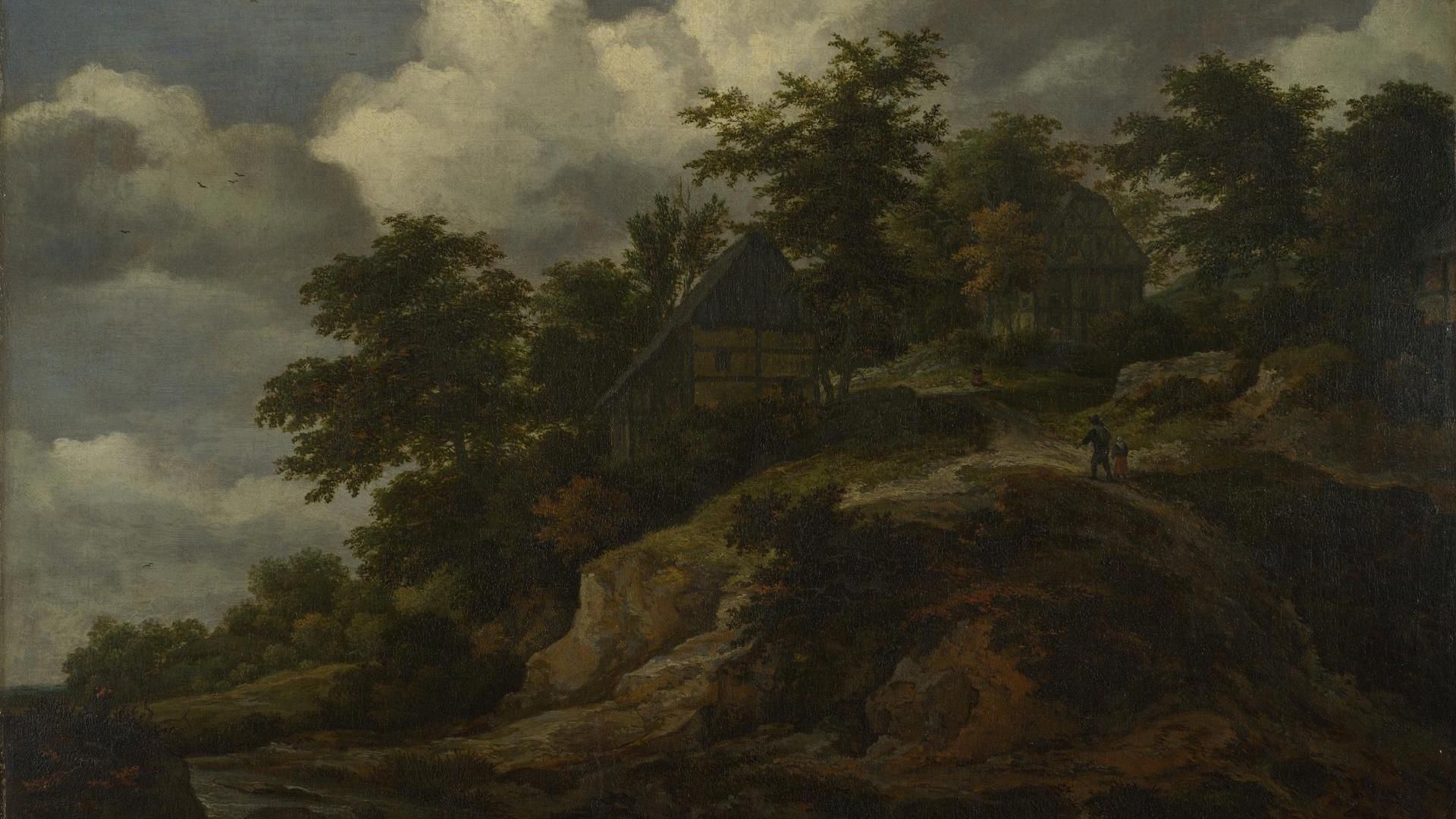 1920x1080 Jacob van Ruisdael. A Rocky Hill with Three Cottages, a Stream at its Foot. NG2564. National Gallery, London