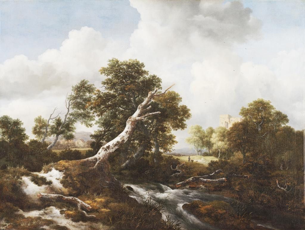 1024x772 Low Waterfall In A Wooded Landscape With A Dead Beech Tree By Jacob Van Ruisdael. Serene Waterfall In A Wooded Landscape. Baroque Landscape Realism