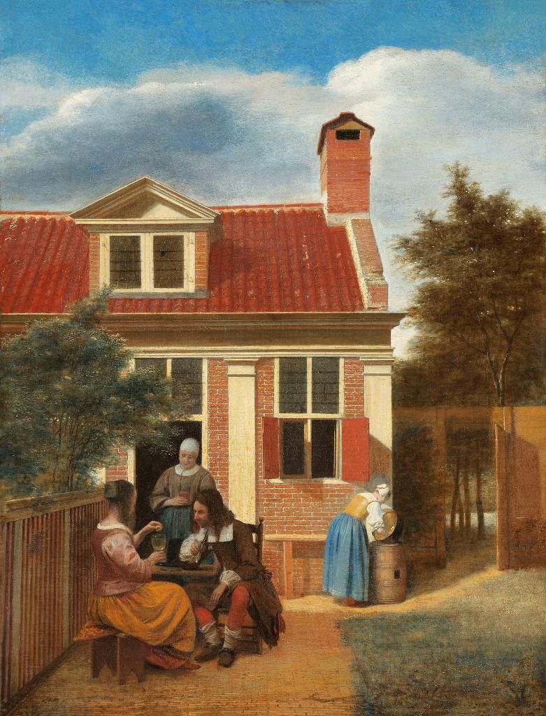 781x1024 Figures In A Courtyard Behind A House By Pieter De Hooch. Courtyard Scene By Pieter De Hooch. Dutch Realism, Baroque Canvas Art Print