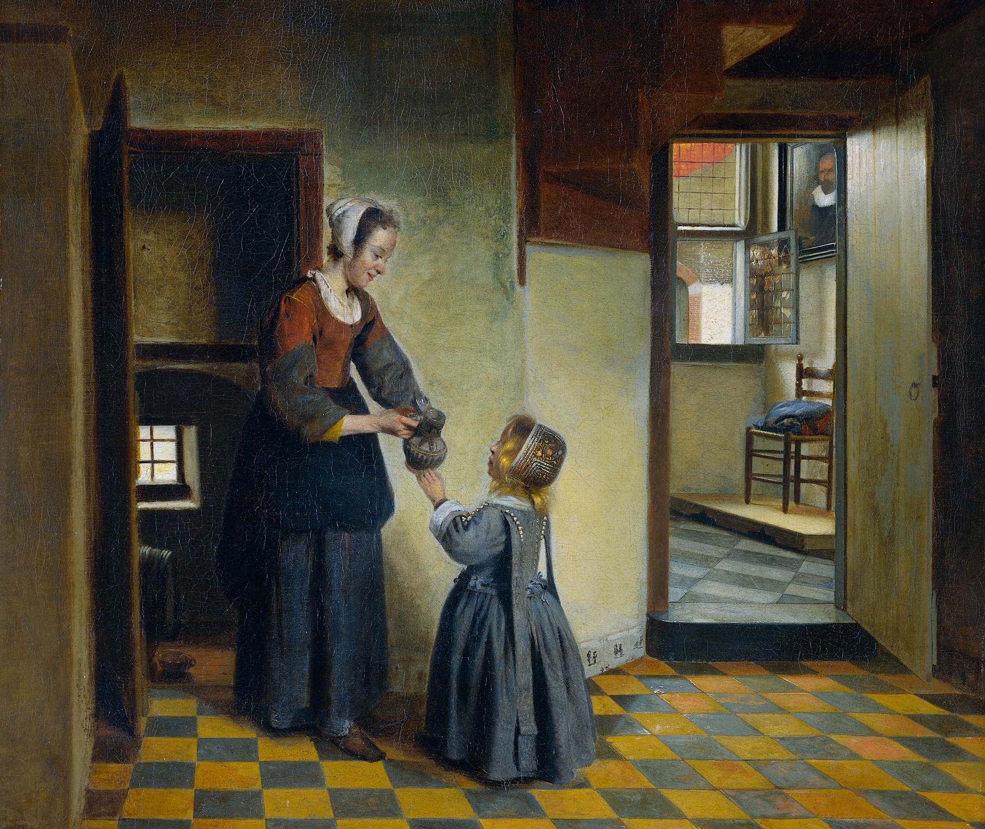 1920x1616 Wallpaper interior, picture, genre, Pieter de Hooch, A woman with a Child in the Basement for mobile and desktop, section живопись, resolution 1920x1616