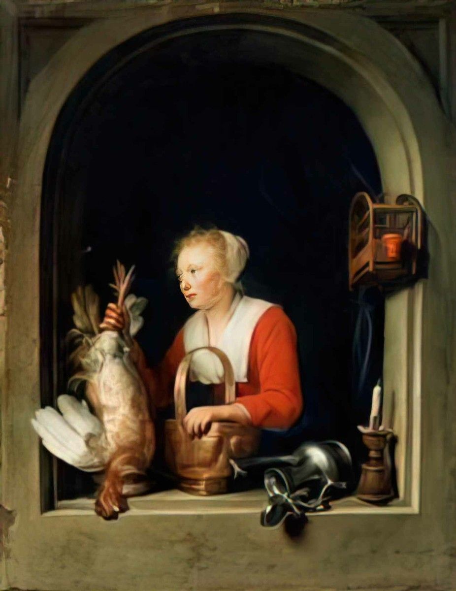 926x1200 Gerrit Dou photo A4 the dutch housewife or the woman hanging a cockerel