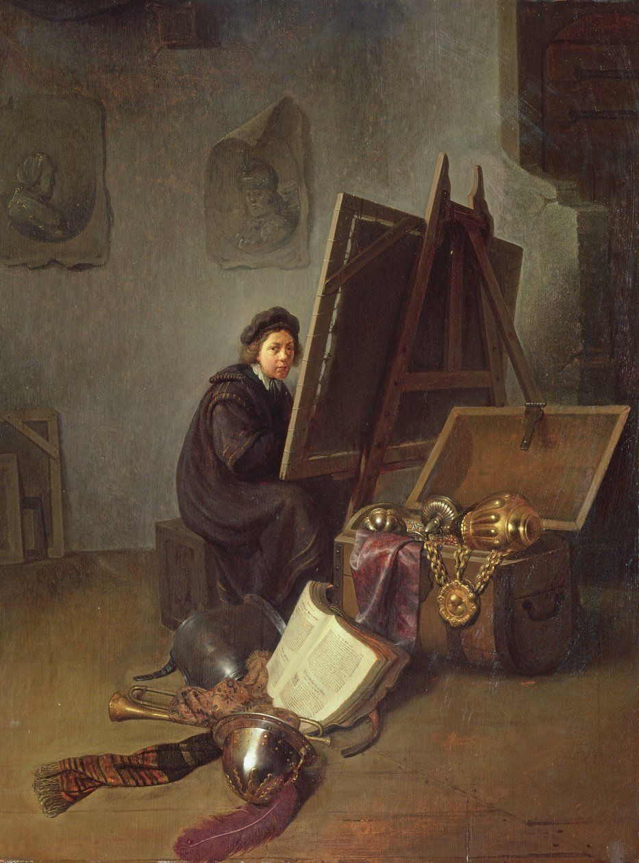 933x1260 Portrett av kunstneren ved staffeli i studioet hans