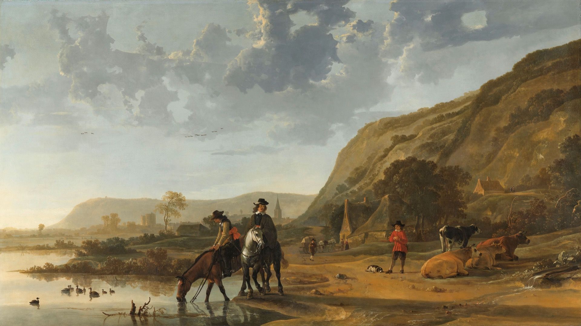 1920x1076 River landscape with horsemen