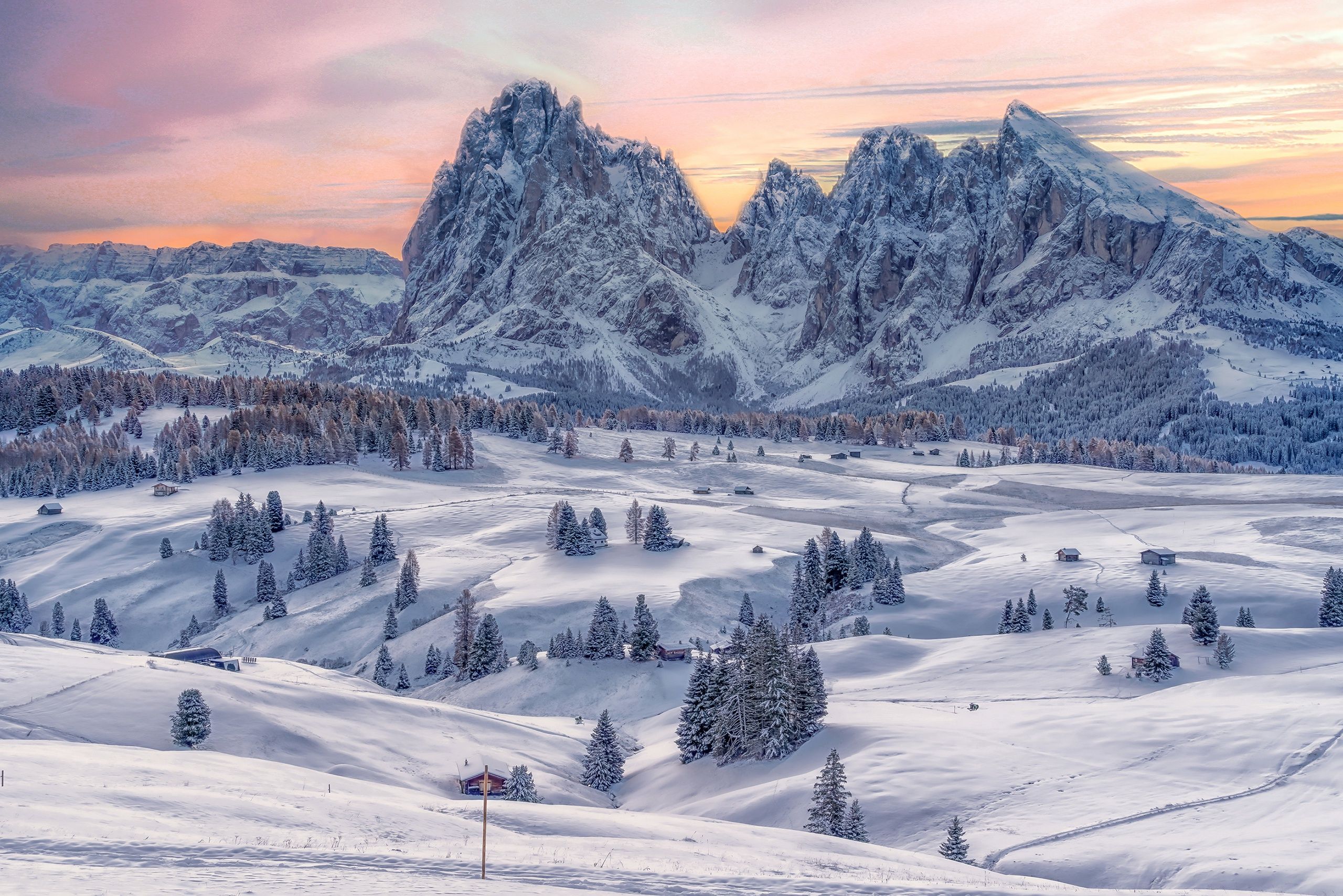 2560x1708 Wallpaper Winter, Snow, Trees, Sunset, Mountains, Italy, Trentino Alto Adige For Mobile And Desktop, Section пейзажи, Resolution 2560x1708