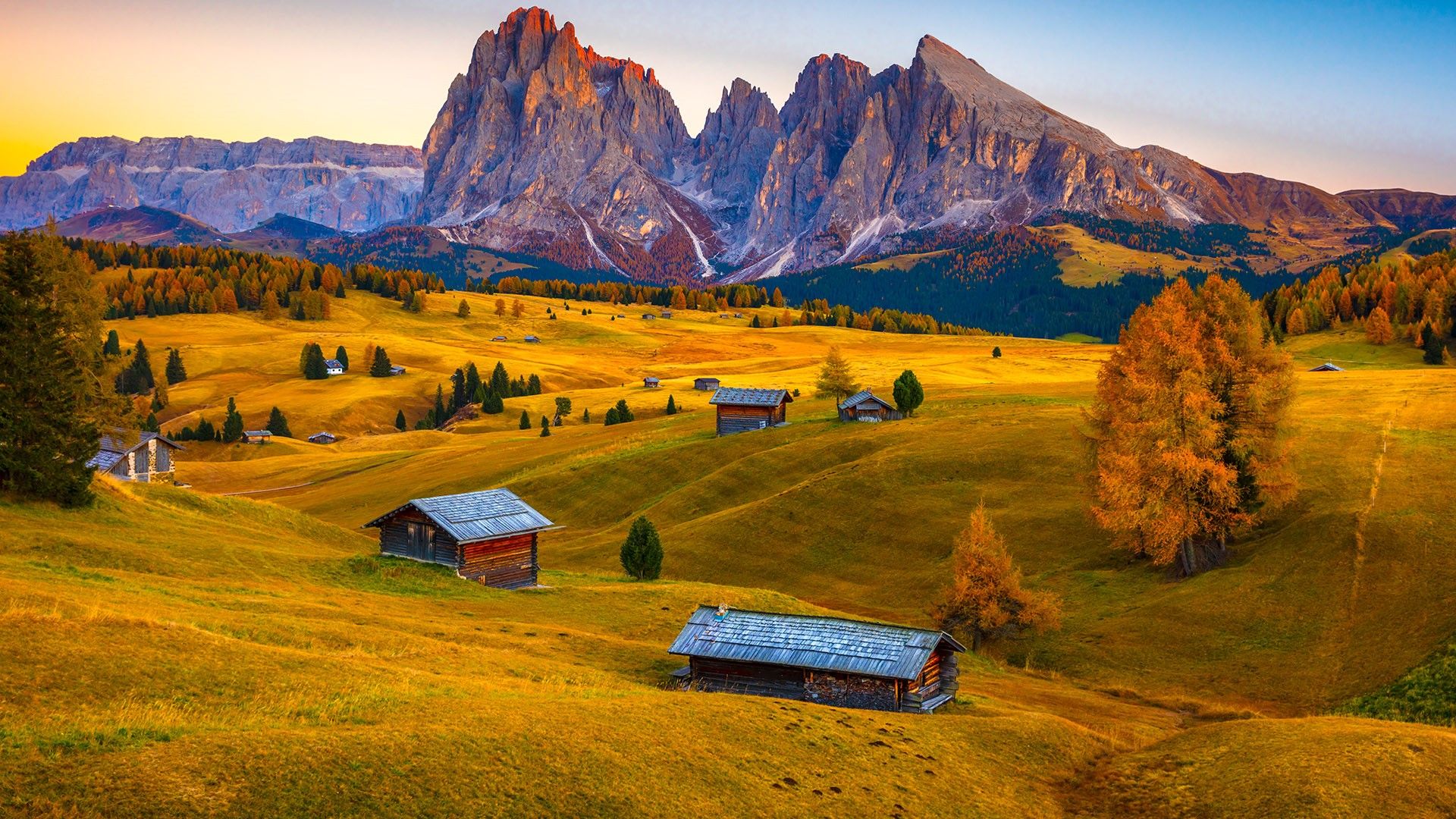1920x1080 Pasture With Typical Alpine Hut, Dolomites, Alps, Trentino Alto Adige Südtirol, Italy. Windows Spotlight Image