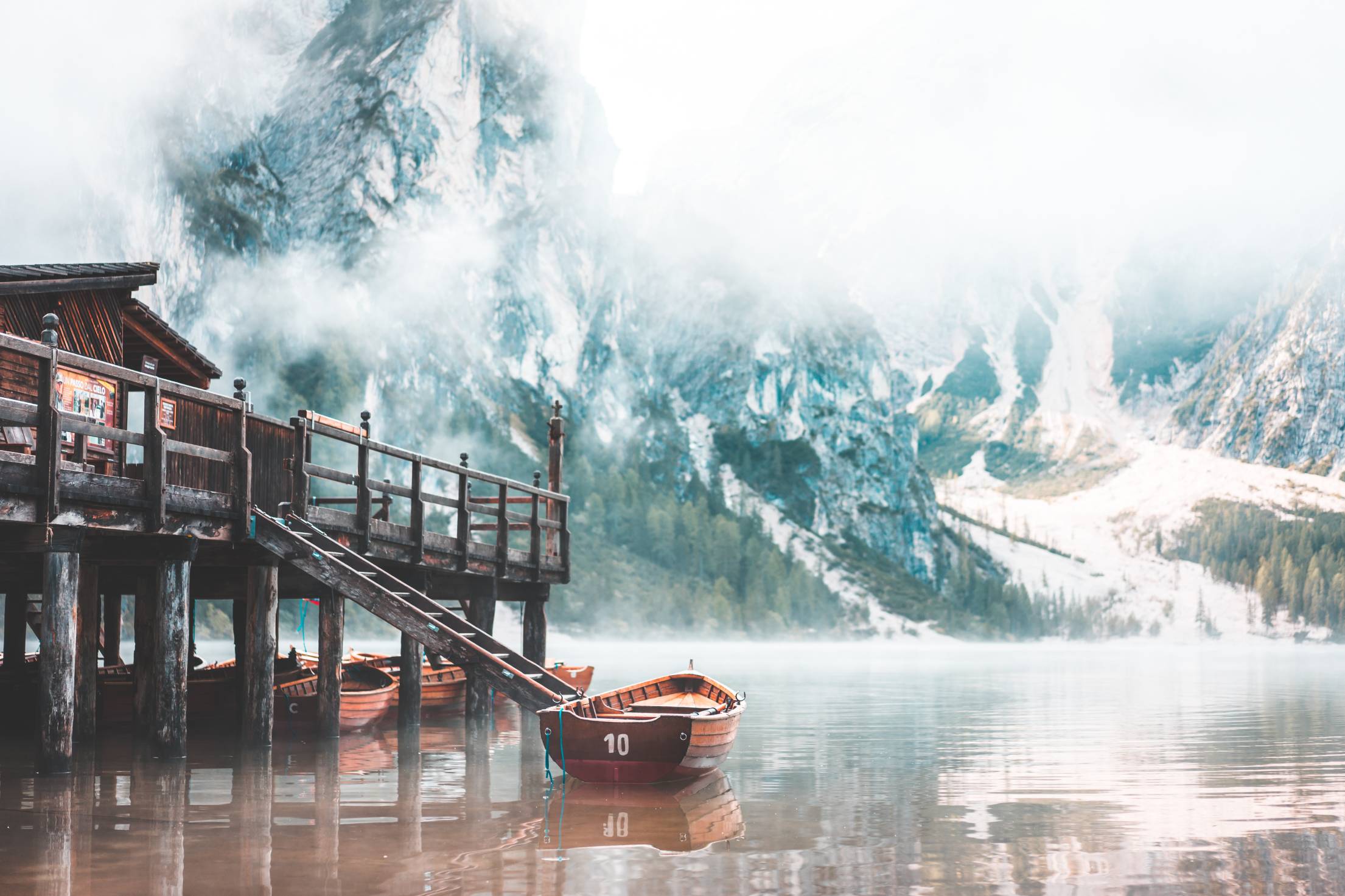 2210x1473 Foggy Lago di Braies in the Morning. Free Nature Image
