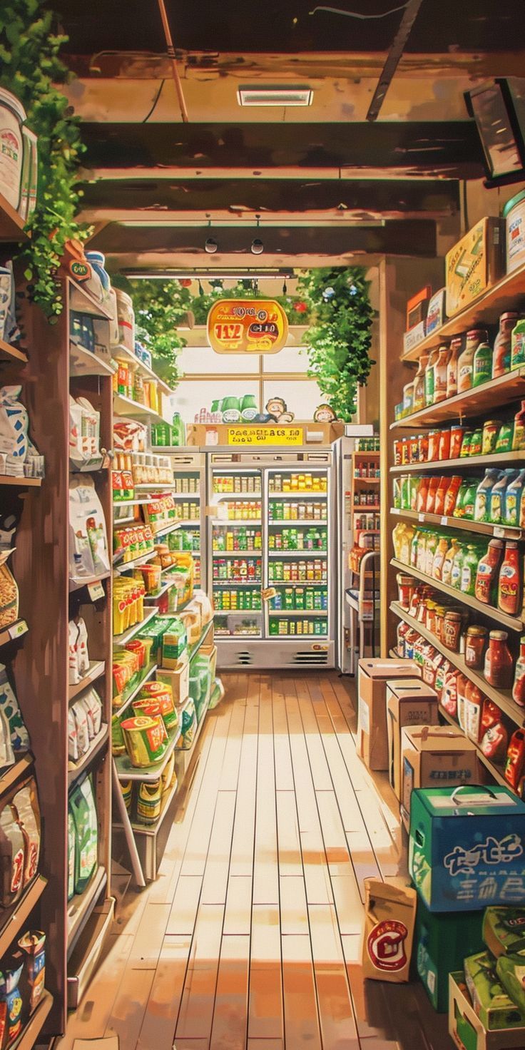 736x1472 Fantasy Grocery Store Wallpaper. Concetto di personaggio, Immagini di scuola, Arte giapponese