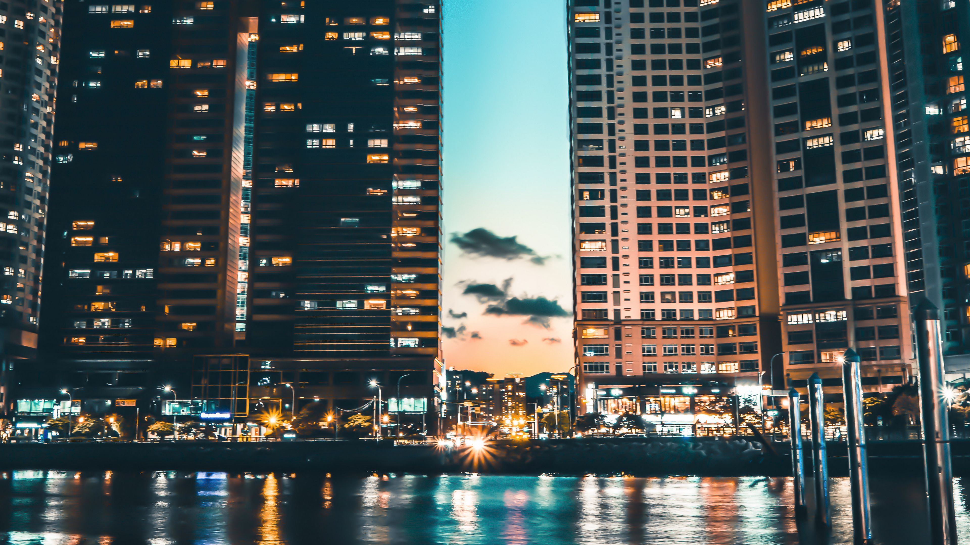3840x2160 Download wallpaper 3840x2160 skyscrapers, shore, night city, busan, south korea 4k uhd 16:9 HD background