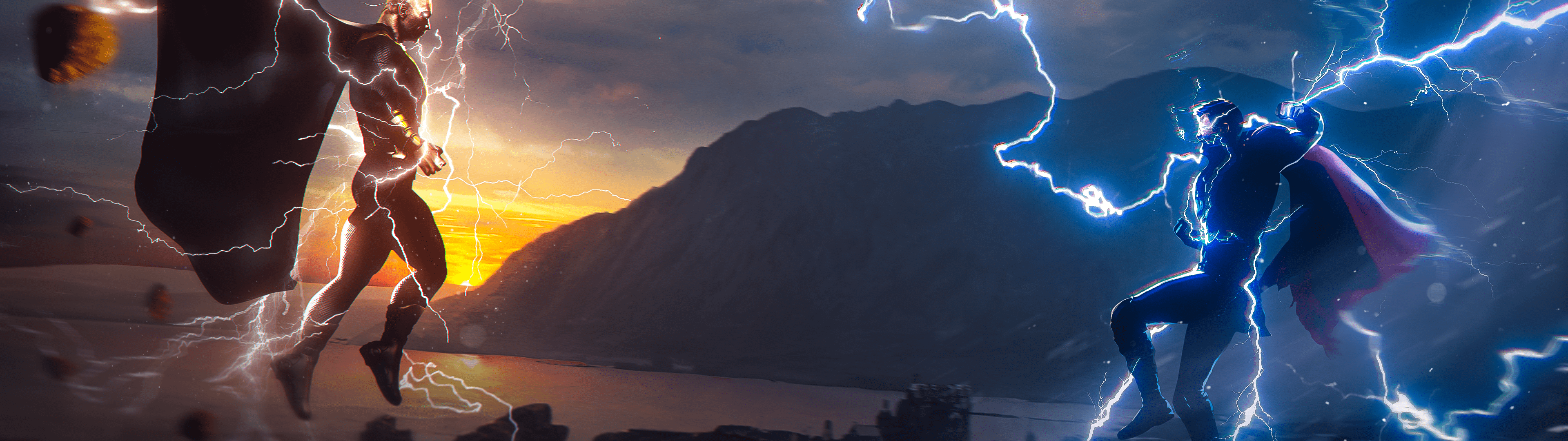 3840x1080 Black Adam vs Thor Wallpaper 4K, Crossover, Fusion, DC Superheroes