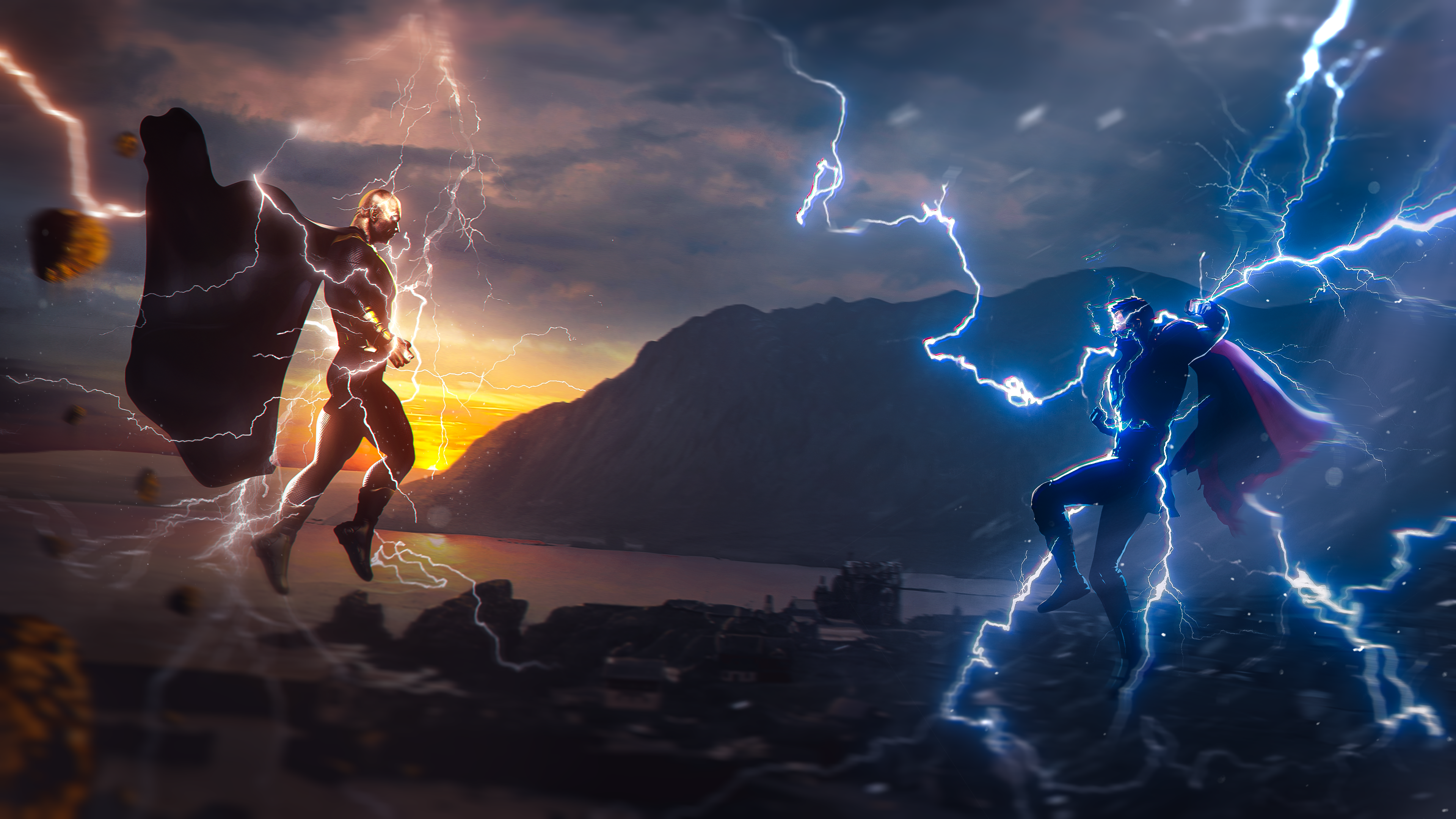 3840x2160 Black Adam vs Thor Wallpaper 4K, Crossover, Fusion, DC Superheroes