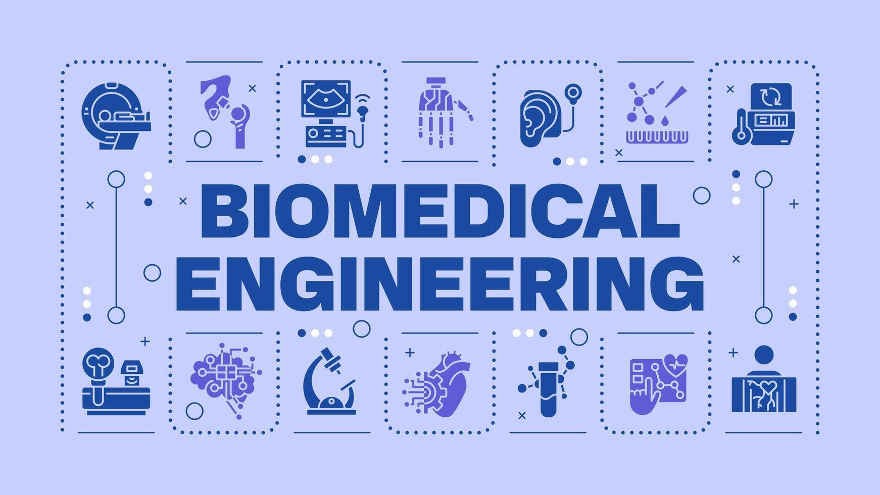 1742x980 Biomedical engineering light purple word concept. Medical technologies. Biotechnology. Visual communication. Artwith lettering text, editable glyph icons