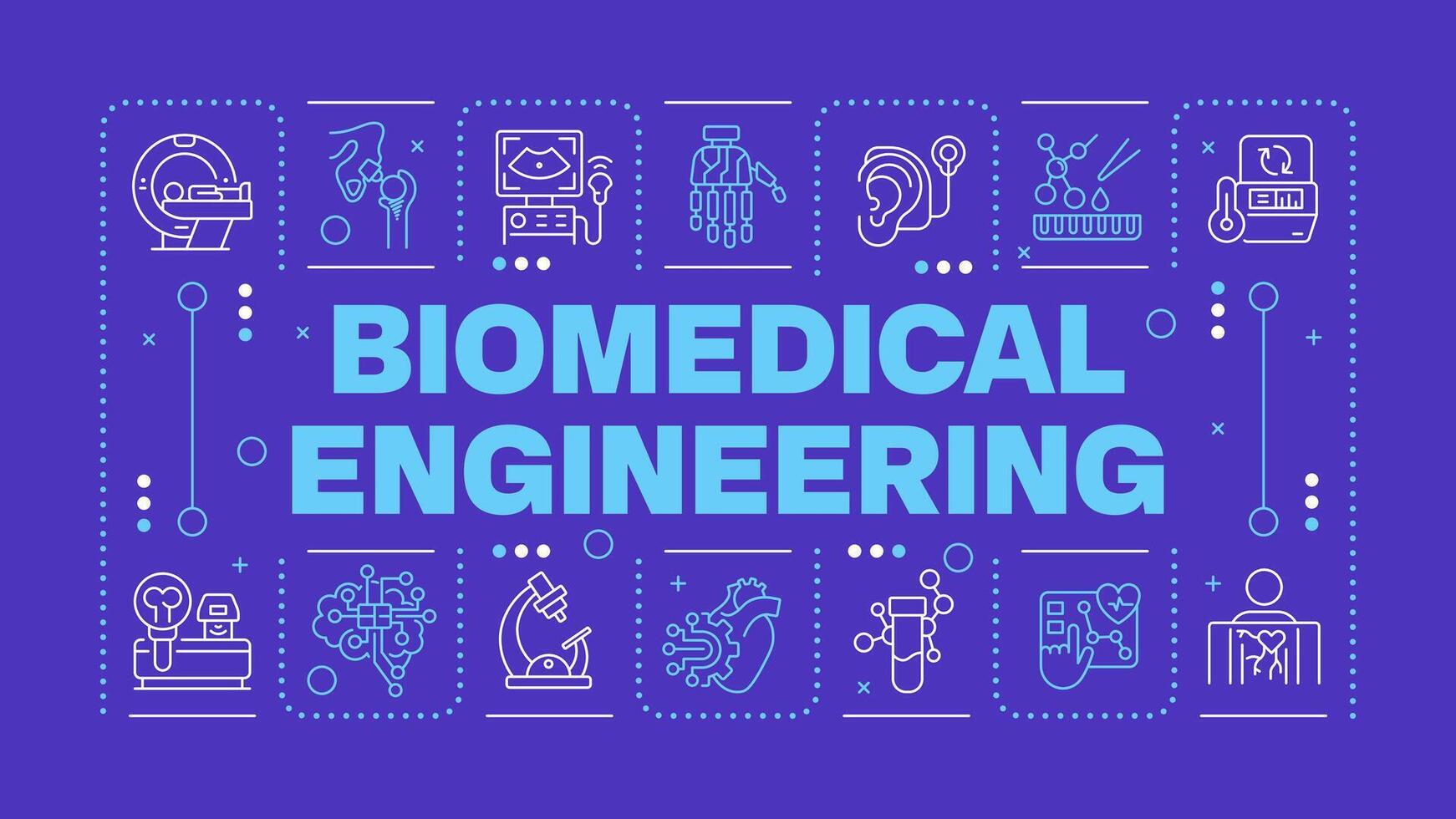 1742x980 Bioengineering purple word concept. Genetic engineering. Medical devices. DNA. Bioinformatics. Typography banner. Illustrationwith title text, editable icons color
