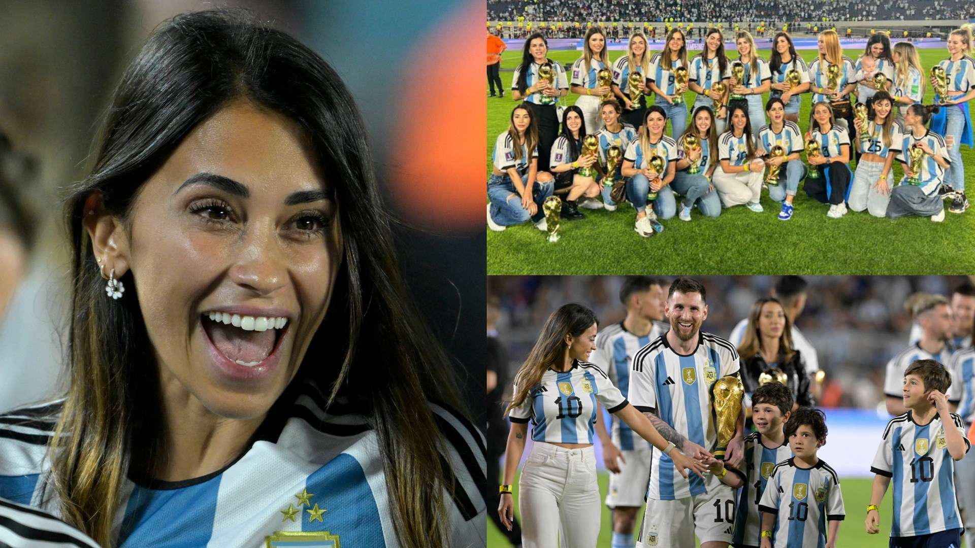 1920x1080 Lionel Messi's wife Antonela Roccuzzo poses in awesome World Cup trophy squad photo with rest of Argentina players' partners