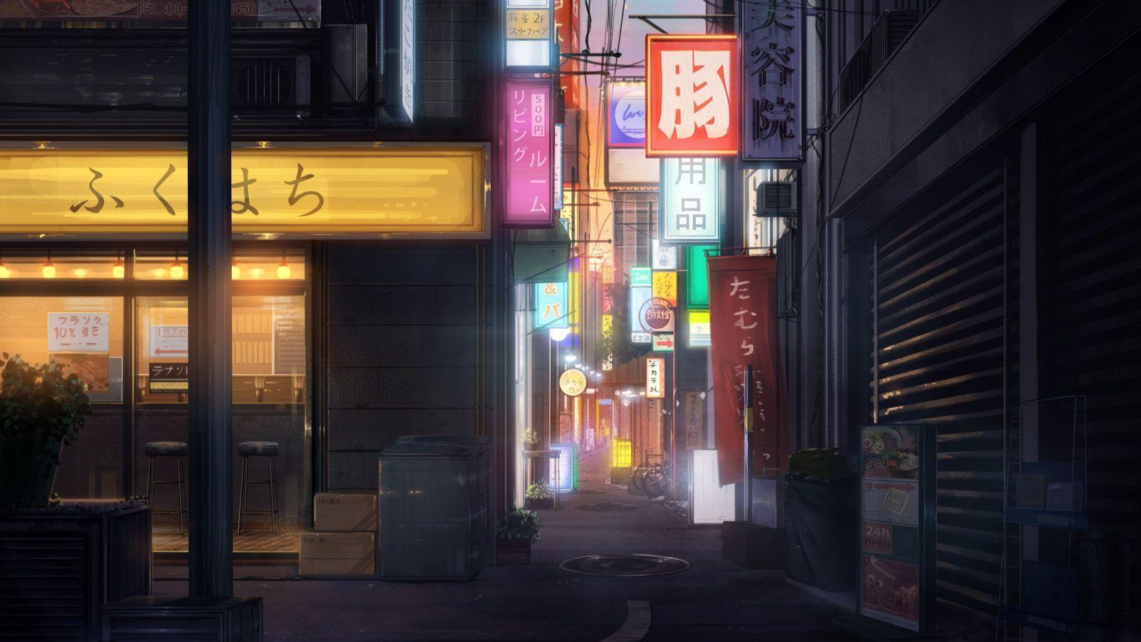 prompthunt a close up of a city alleyway in the atmospheric cyberpunk anime  film gouache matte background painting neon noir at night with lights  by makoto shinkai in the anime series ergo