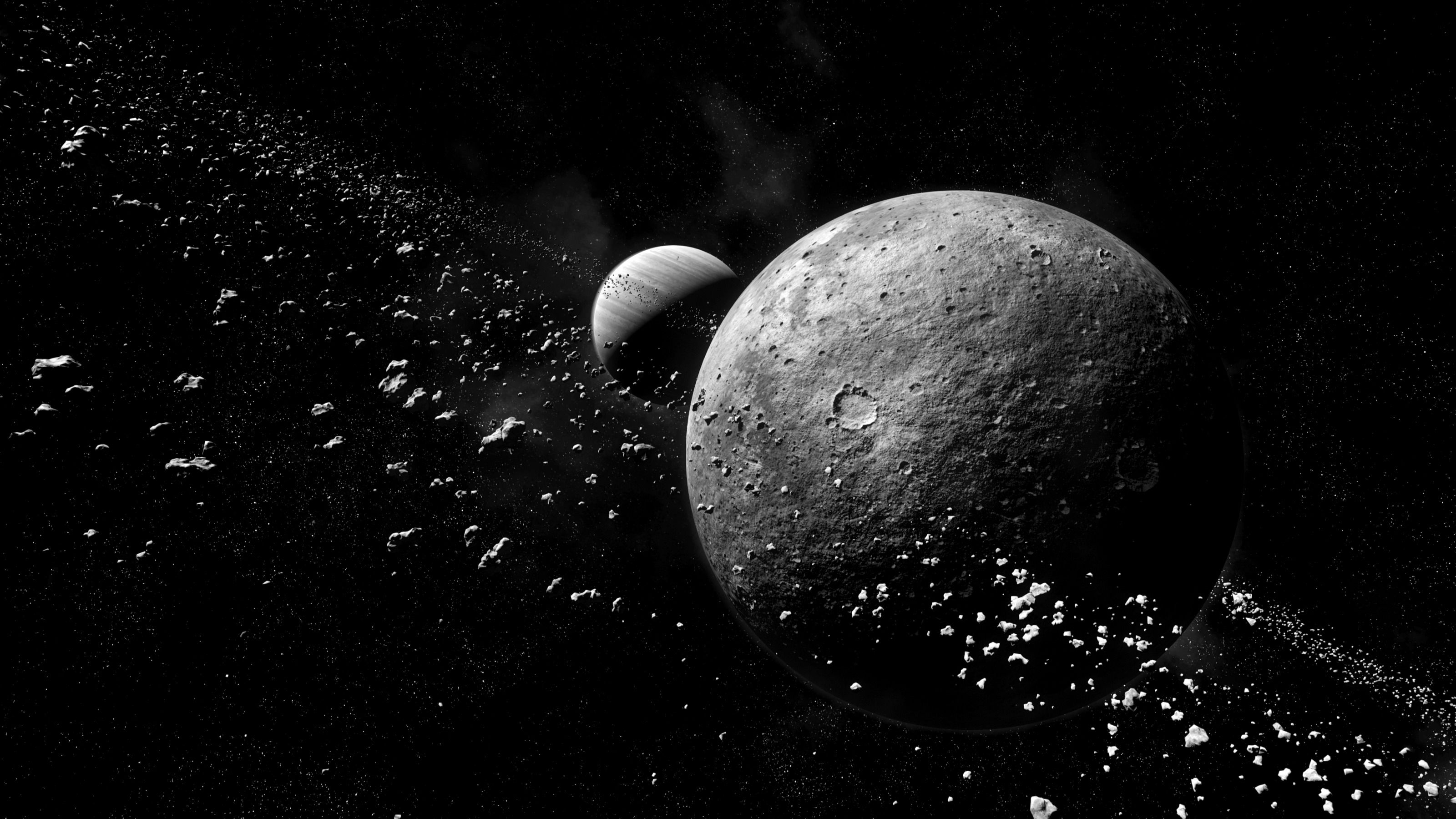3200x1800 Desktop wallpaper: Sci Fi, Planet, Asteroid, Black & White, Moon, Space 4K free download for PC. 767189