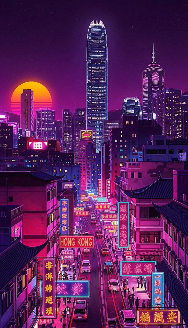 736x1284 Synthwave City Prints Set: Retrowave Neon Art, Tokyo, Moscow, NYC, Hong Kong (digital Download)