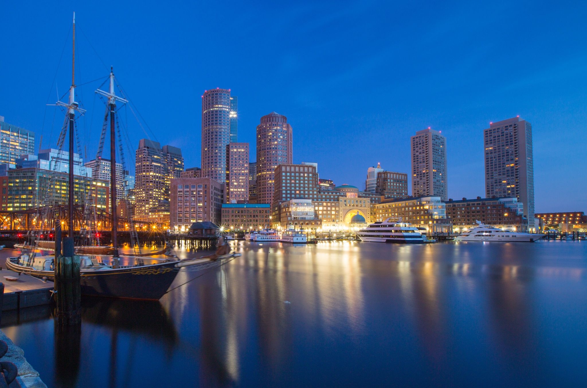 2048x1355 Wallpaper skyscrapers, yacht, night city, Boston, Boston, Massachusetts, Massachusetts, Boston Harbor for mobile and desktop, section город, resolution 2048x1355