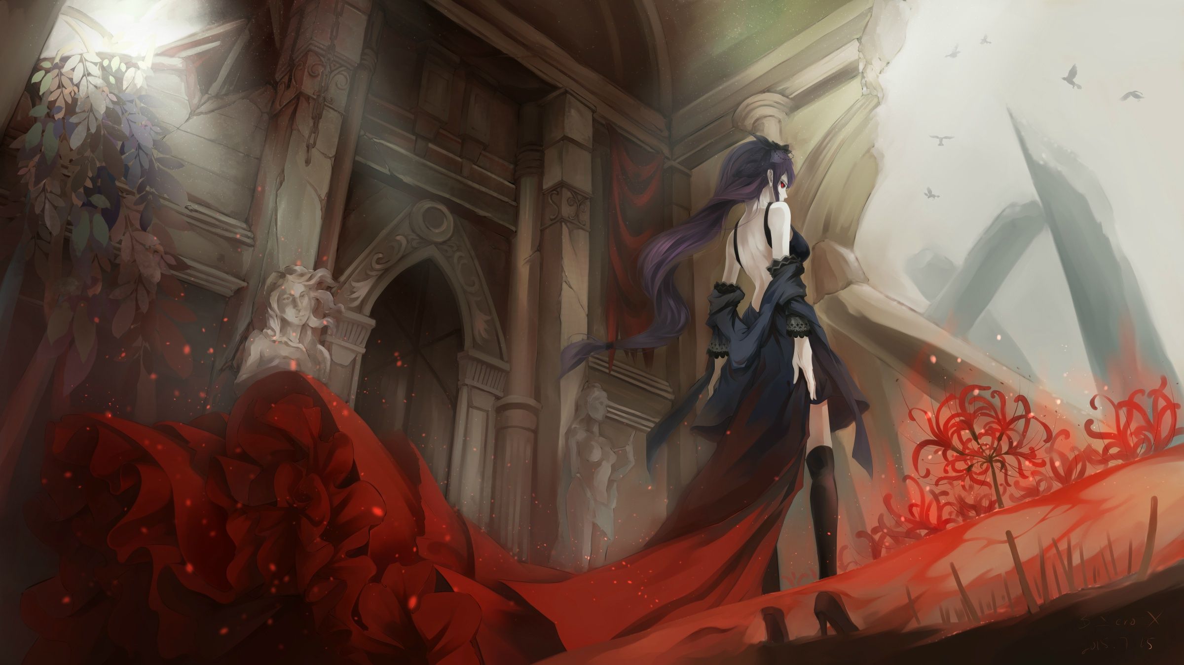 2400x1348 Wallpaper the ruins, crows, red eyes, Tokyo monster, Tokyo Ghoul, Kamishiro Rize, a bloody mist, he lost his parents, for mobile and desktop, section прочее, resolution 2400x1348