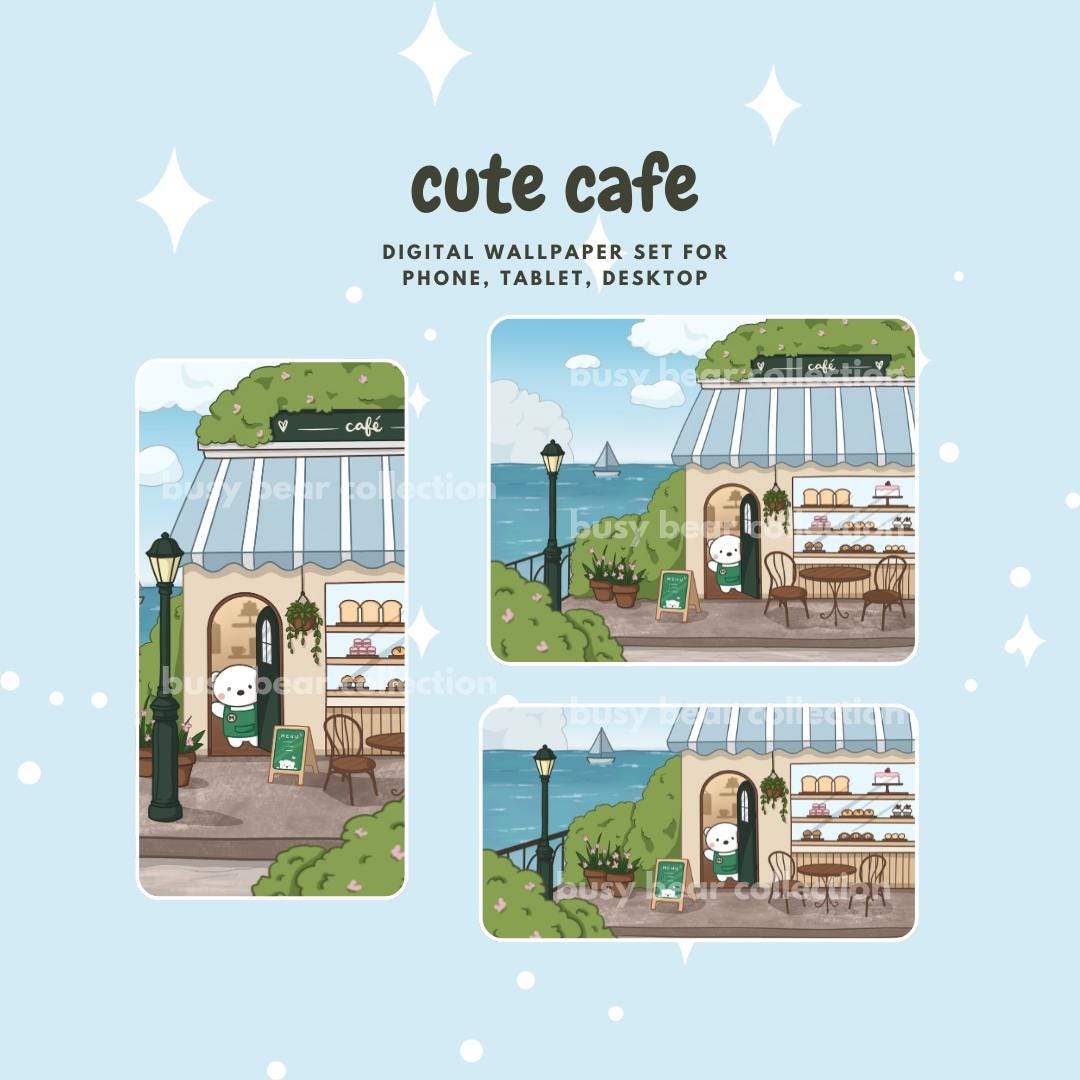 1080x1080 Cute Polar Bear Cafe Digital Wallpaper Set, Phone, iPad, Tablet, Desktop, Android, Wallpaper, Cute Parisian Cafe Wallpaper