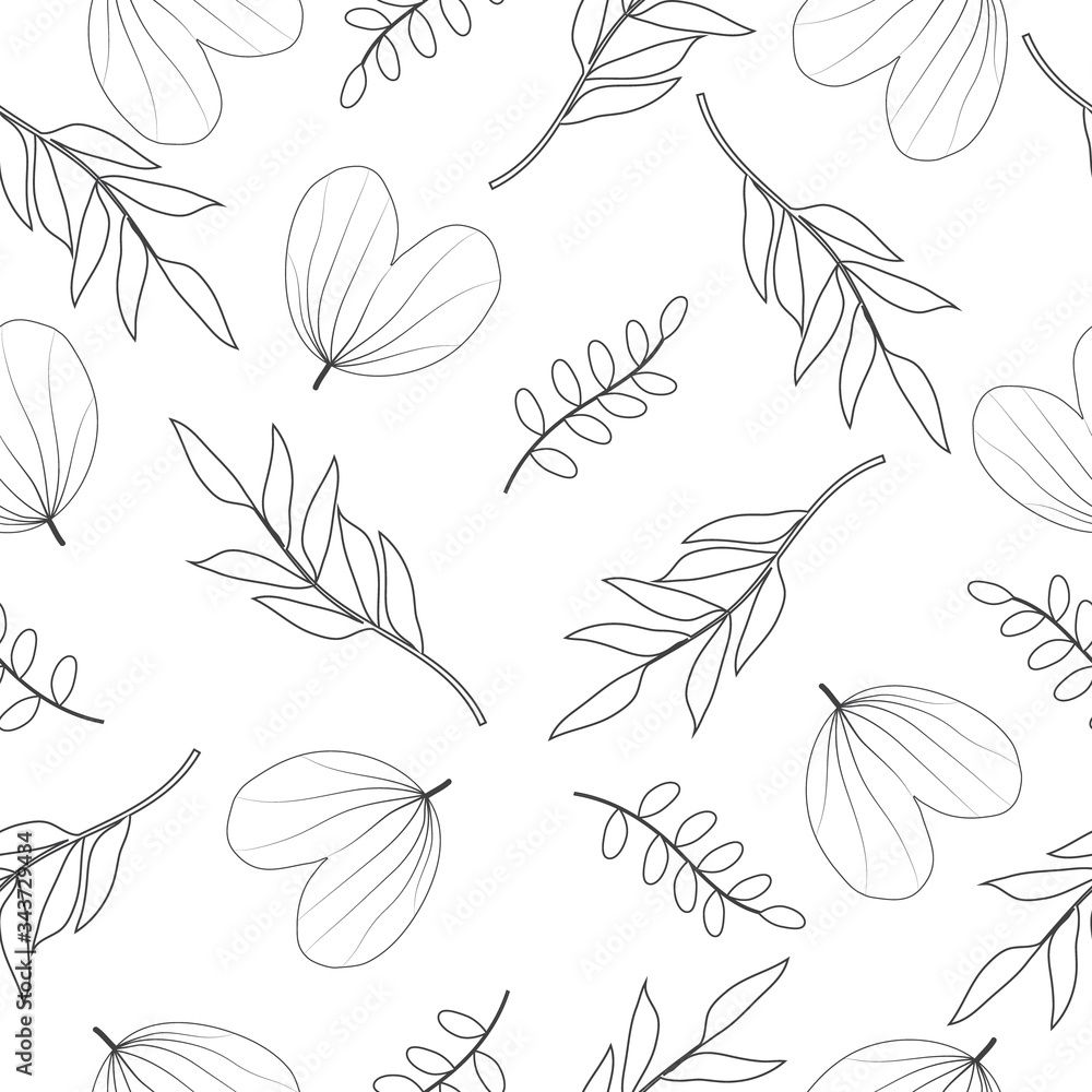 1000x1000 Seamless hand drawn leaves line art pattern in black and white , minimalist vector background for wallpaper, wrapping, packaging design. Stock Vector