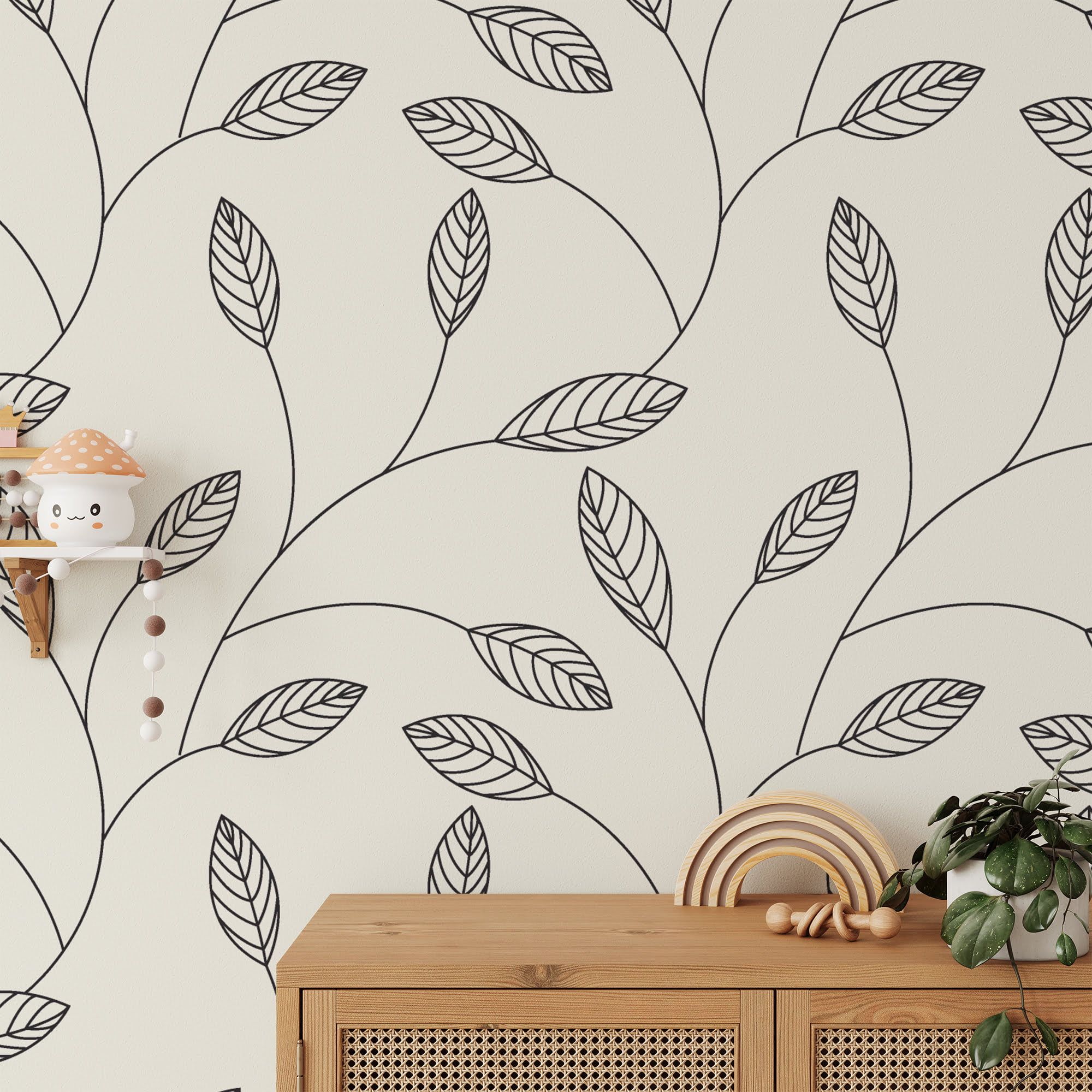 2000x2000 Simple Abstract Leaves Line Art Wallpaper, Minimalist Leaf Art Peel & Stick Wall Mural