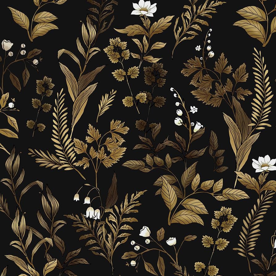894x894 VOLEAAR Dark Floral Peel and Stick Wallpaper, Vintage Leaf Pattern Black Gold Self Adhesive Removable Wallpaper for Bedroom Cabinet Kitchen, Vinyl Modern Contact Paper Retro Black Gold 17.5In x 118In
