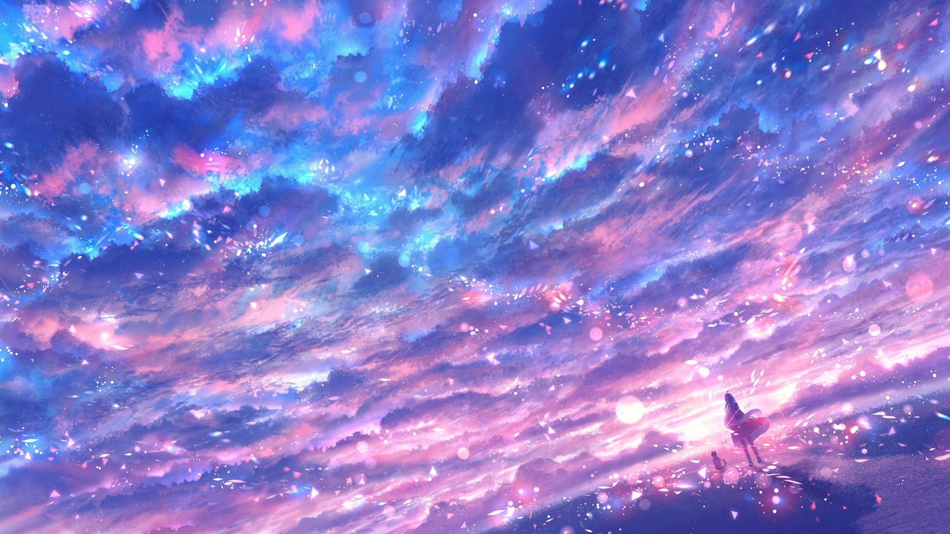 1920x1080 Anime Girl Blue Pink Starry Sky Nature Background HD Anime Wallpaper