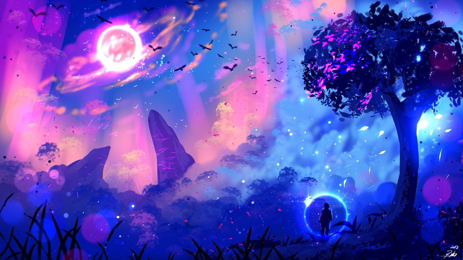 1920x1080 Blue And Pink Anime Wallpaper