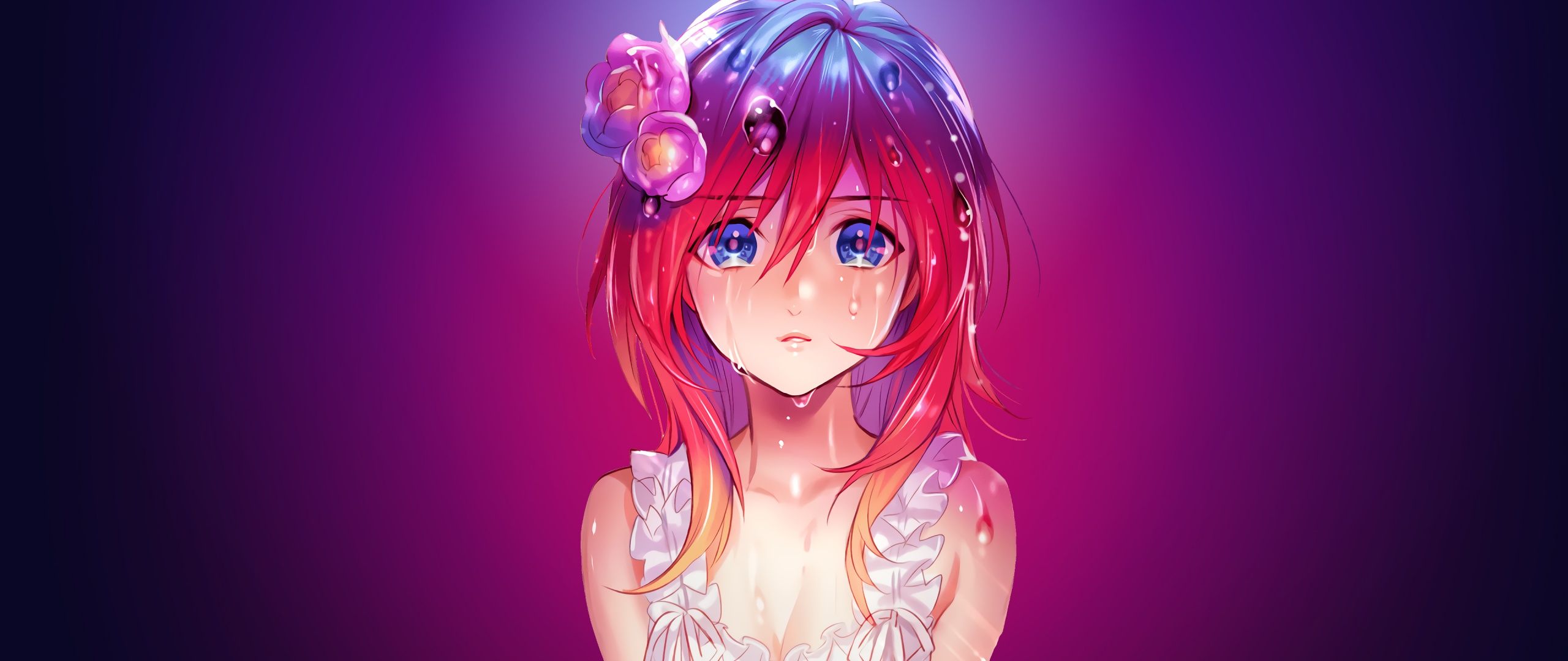 2560x1080 Anime girl Wallpaper 4K, Sad, Pink background, Sad girl