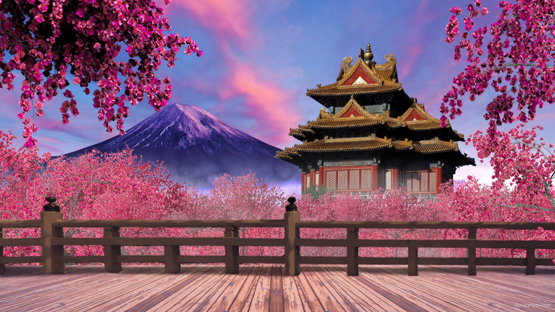 1920x1080 Pagoda Pink Blossom Flowers Mountain Blue Sky Anime Background HD Anime Background Wallpaper