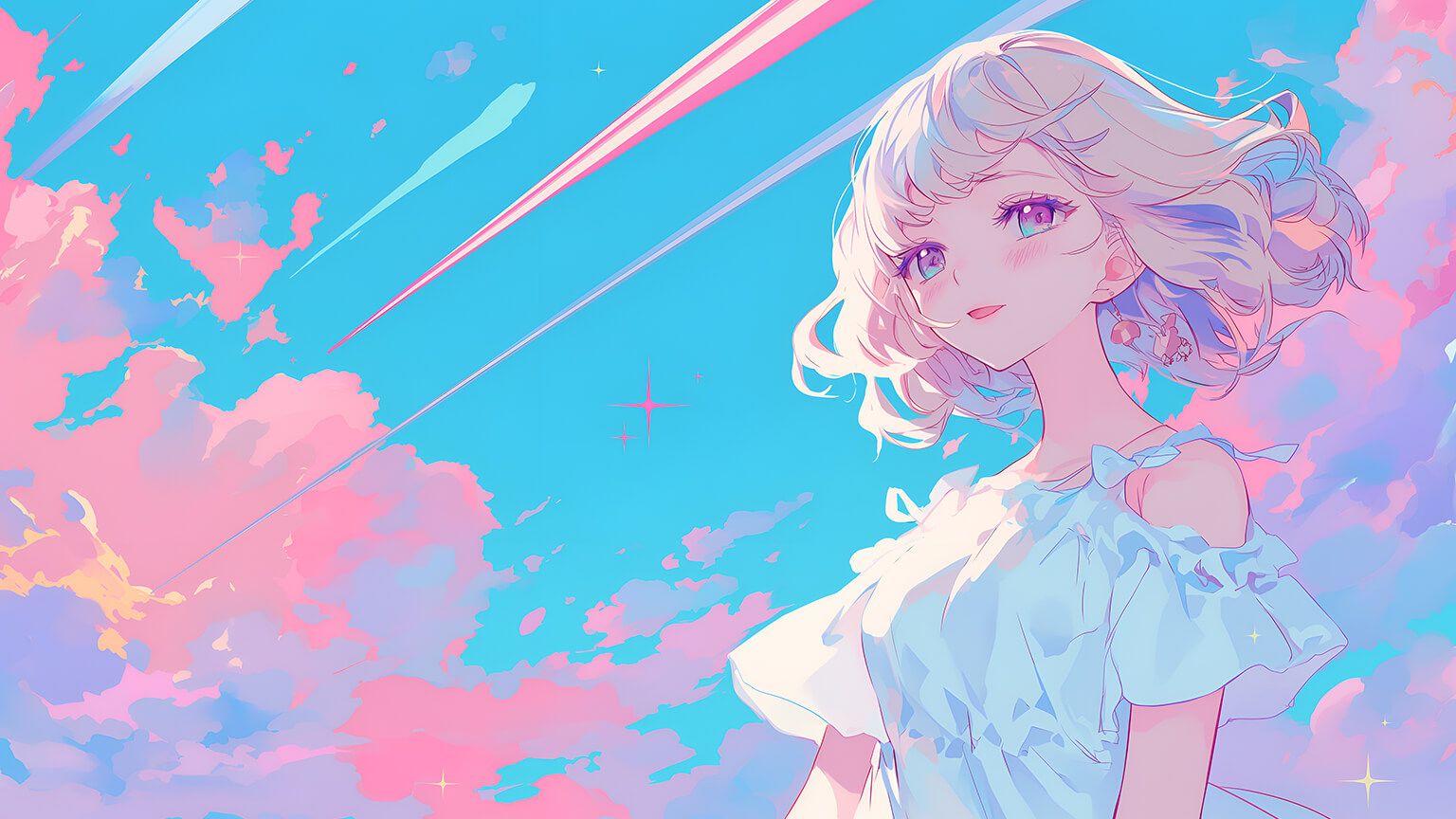 1536x864 Free Beautiful Anime Girl & Pink Clouds Desktop Wallpaper in 4K