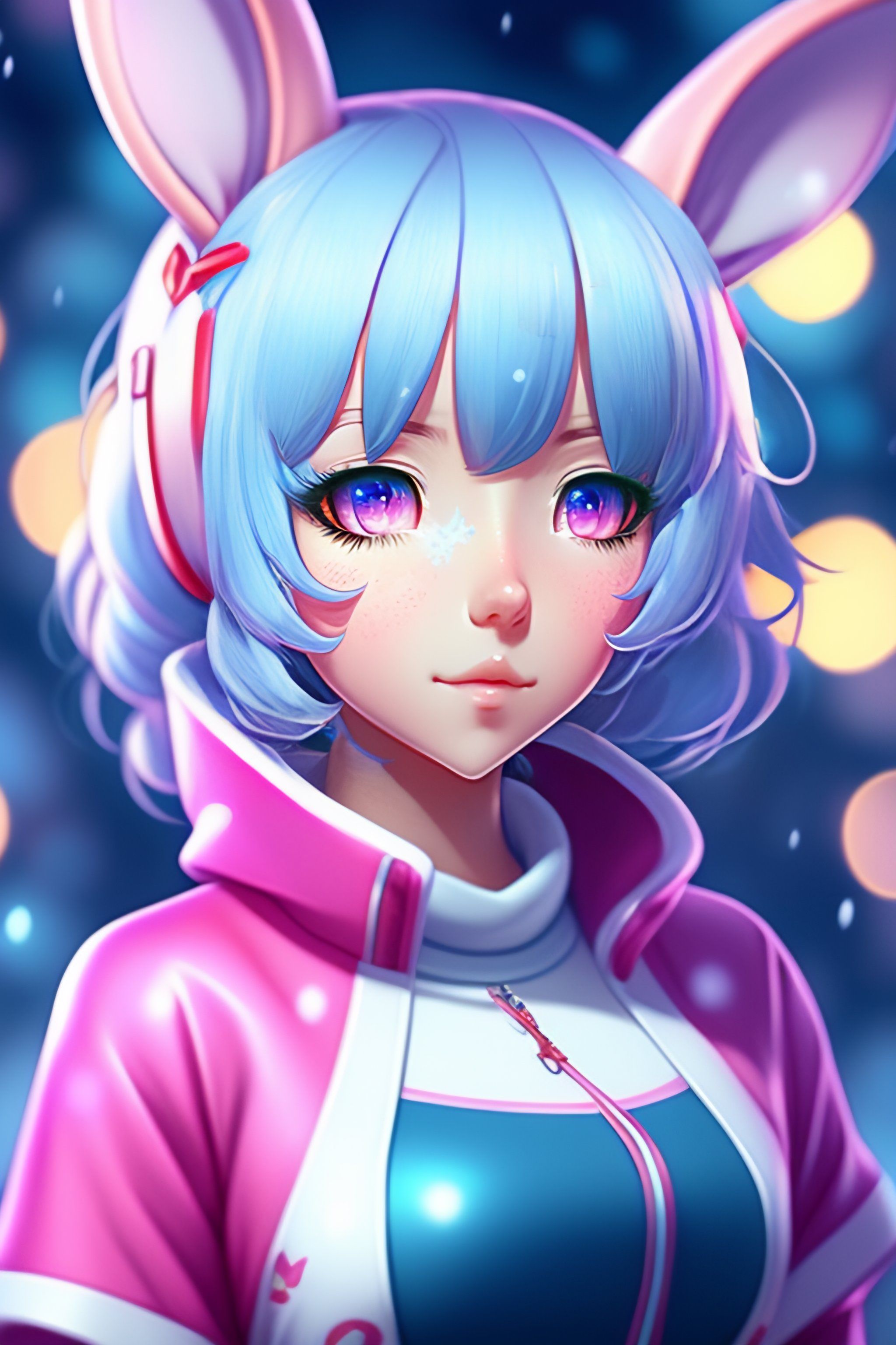 2048x3072 Lexica, wallpaper like pencil drawing, digital art of cute kawaii girl with rabbit ears, light blue hair, bob, pink eyes, holding a Omikuji, backg