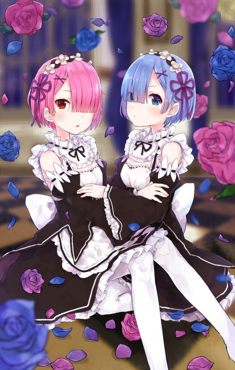 748x1178 short hair, Pink hair, Red eyes, Blue hair, Blue eyes, Anime, Anime girls, Re: Zero Kara Hajimeru Isekai Seikatsu, Rem (Re: Zero), Ram (Re:Zero), Maid, Flowers HD Wallpaper / Desktop and Mobile
