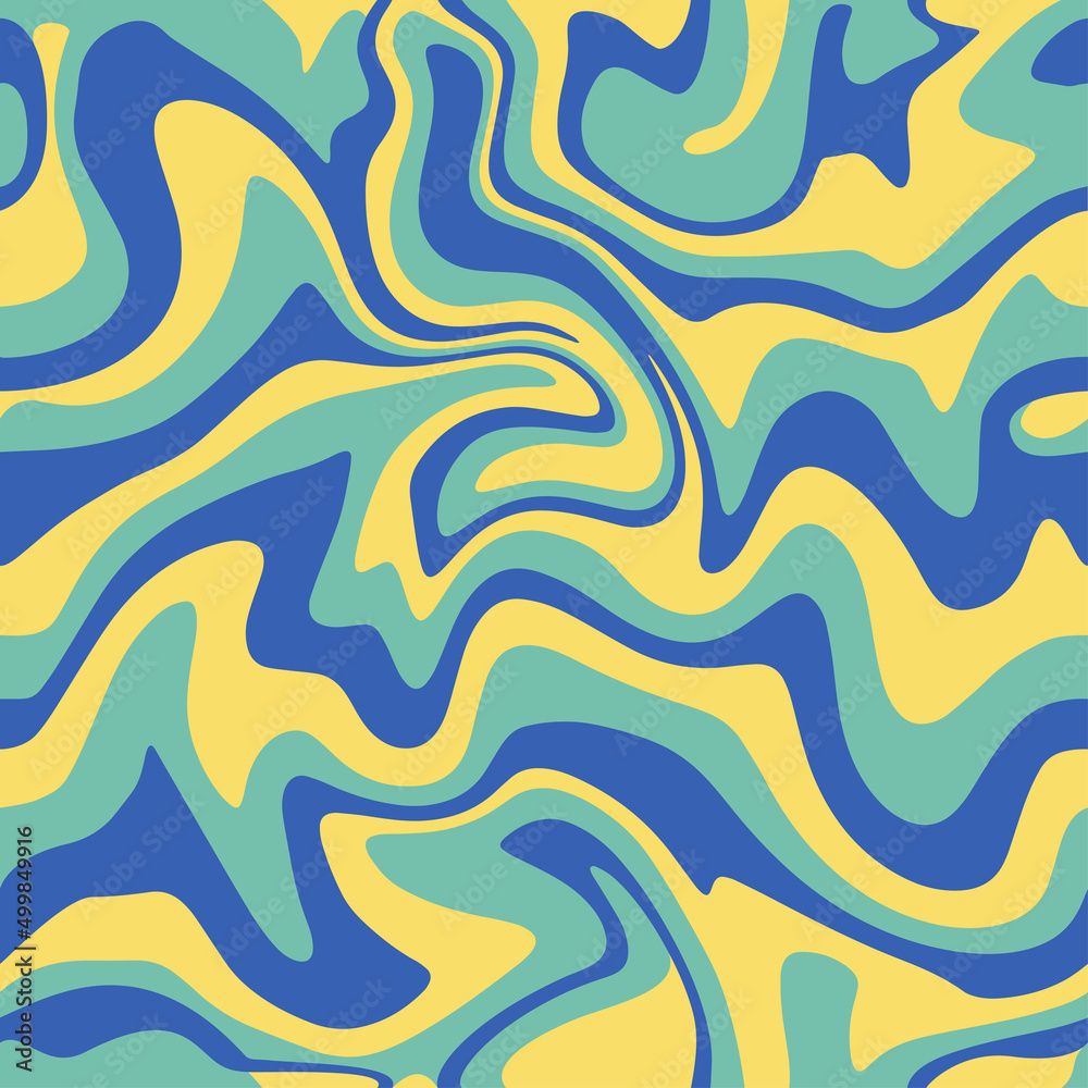 1000x1000 Wavy Swirl Seamless Pattern In Yellow, Blue And Azure Colors. Hand Drawn Vector Illustration. Seventies Style, Groovy Background, Wallpaper, Print. Flat Design, Hippie Aesthetic. Stock Vektor