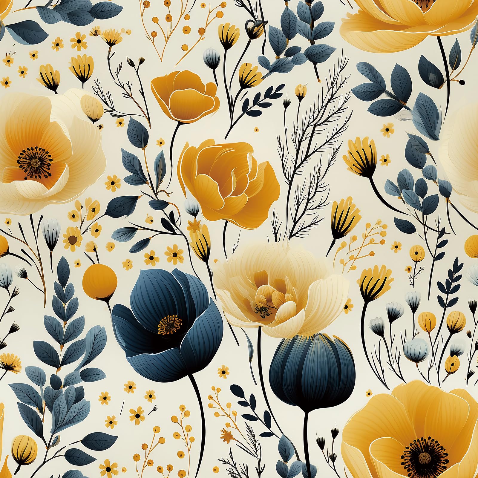 1600x1600 Livelynine 17.5x276 Dark Blue Yellow Floral Peel and Stick Wallpaper Vintage Wild Flower Wall Paper for Bedroom Bathroom Walls Prepasted Removable Poppy Boho Decorative Contact Paper for Furniture