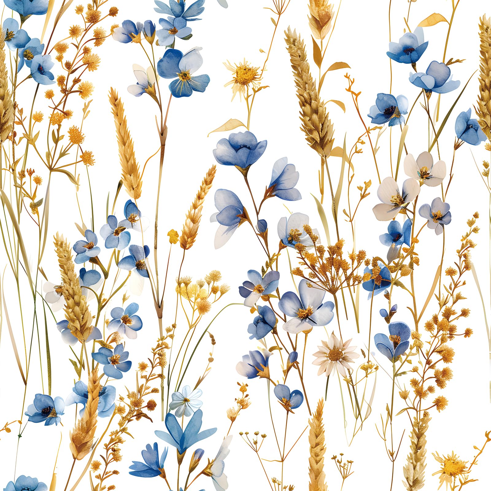 1600x1600 FunStick Floral Wallpaper Peel and Stick Vintage Botanical Wildflower White Blue and Gold Country Florals Wall Paper Decor Self Adhesive Fall Wheat Floral Contact Paper for Cabinets Drawers 17.5x118