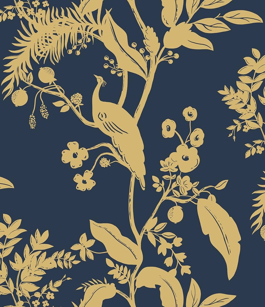 862x1000 GloryTik 17.3 X 78.7 Blue And Gold Peel And Stick Wallpaper Floral Boho Leaf Bird Flower Contact Paper For Walls And Furniture