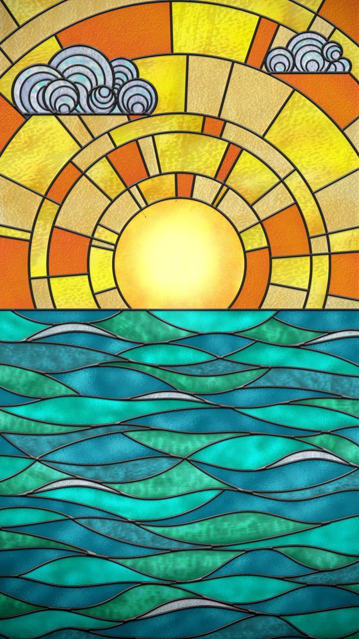 720x1280 free 4K wallpaper stained glass, glass, mosaic, sun, sea, waves, landscape, art