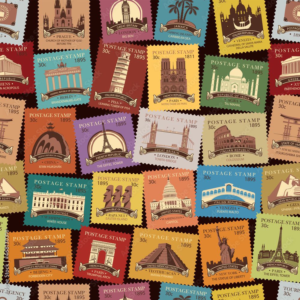 1000x1000 Stock Vektorgrafik „Vector Seamless Pattern With Colorful Postage Stamps With Sights From Different Countries. Bright Repeating Background On A Travel Theme. Suitable For Wallpaper, Wrapping Paper Or Fabric Design“