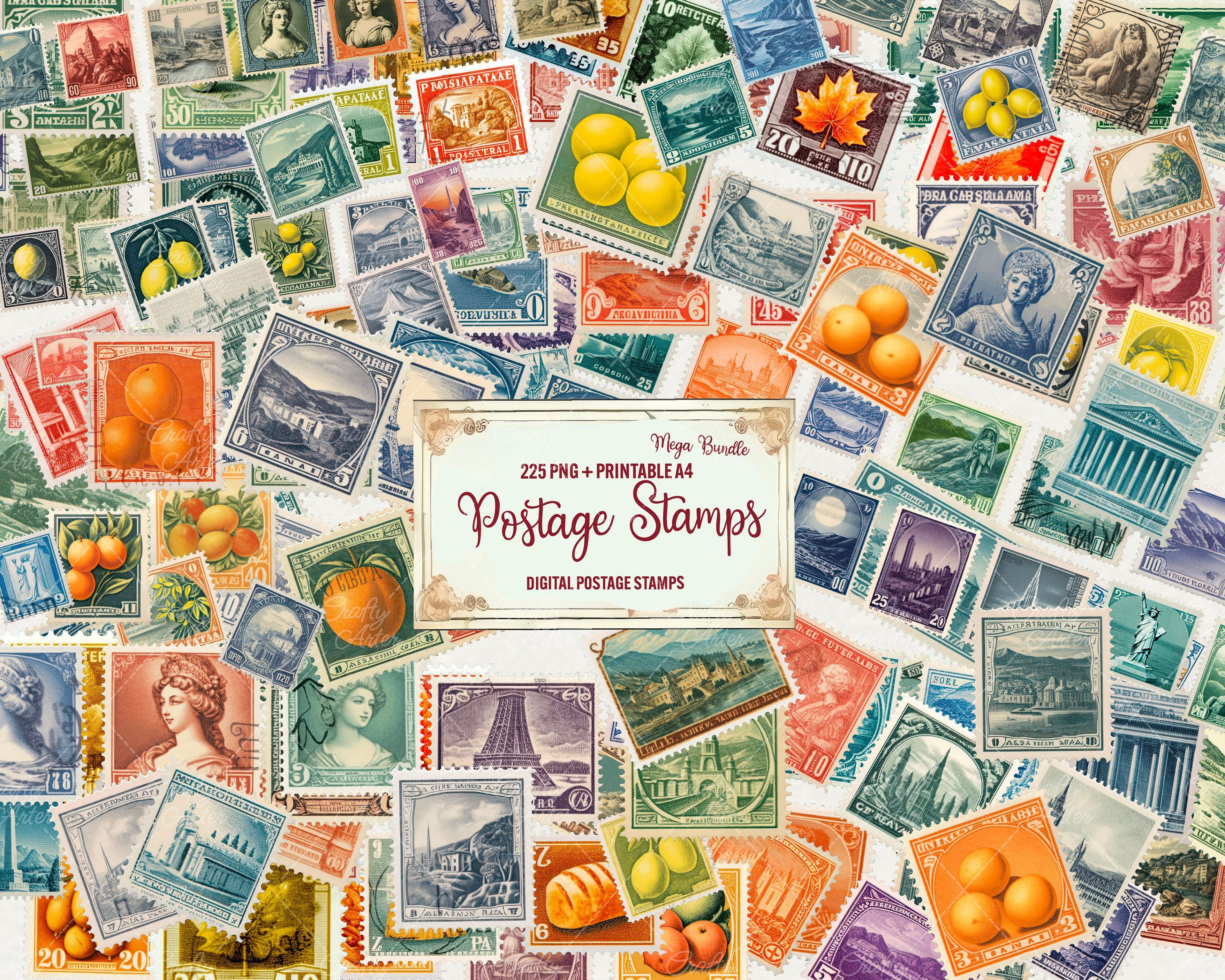 3000x2401 Watercolor Vintage Postage Stamps Clipart: Travel Theme (225 PNG + A4)