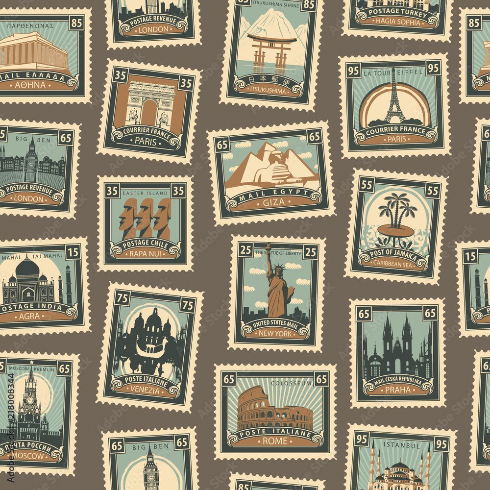 1000x1000 Vektor Retro Postage Seamless Background. Vector seamless pattern on the travel theme from different countries with postmarks and stamps in retro style. Can be used as wallpaper or wrapping paper ve službě